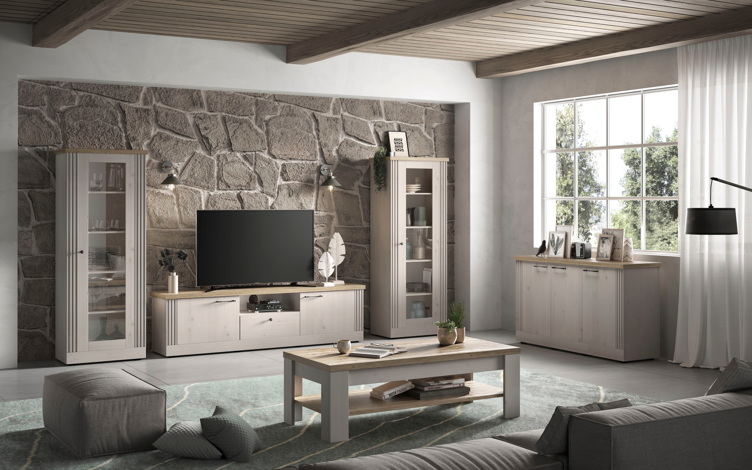 Home affaire Lowboard »Country Breite 211 cm, TV-Board 2 Türen u. 1 Schubkasten, TV-Schrank«, im Landhausstil, viel Strauraum, mit Metallgriffe, MDF Rahmen