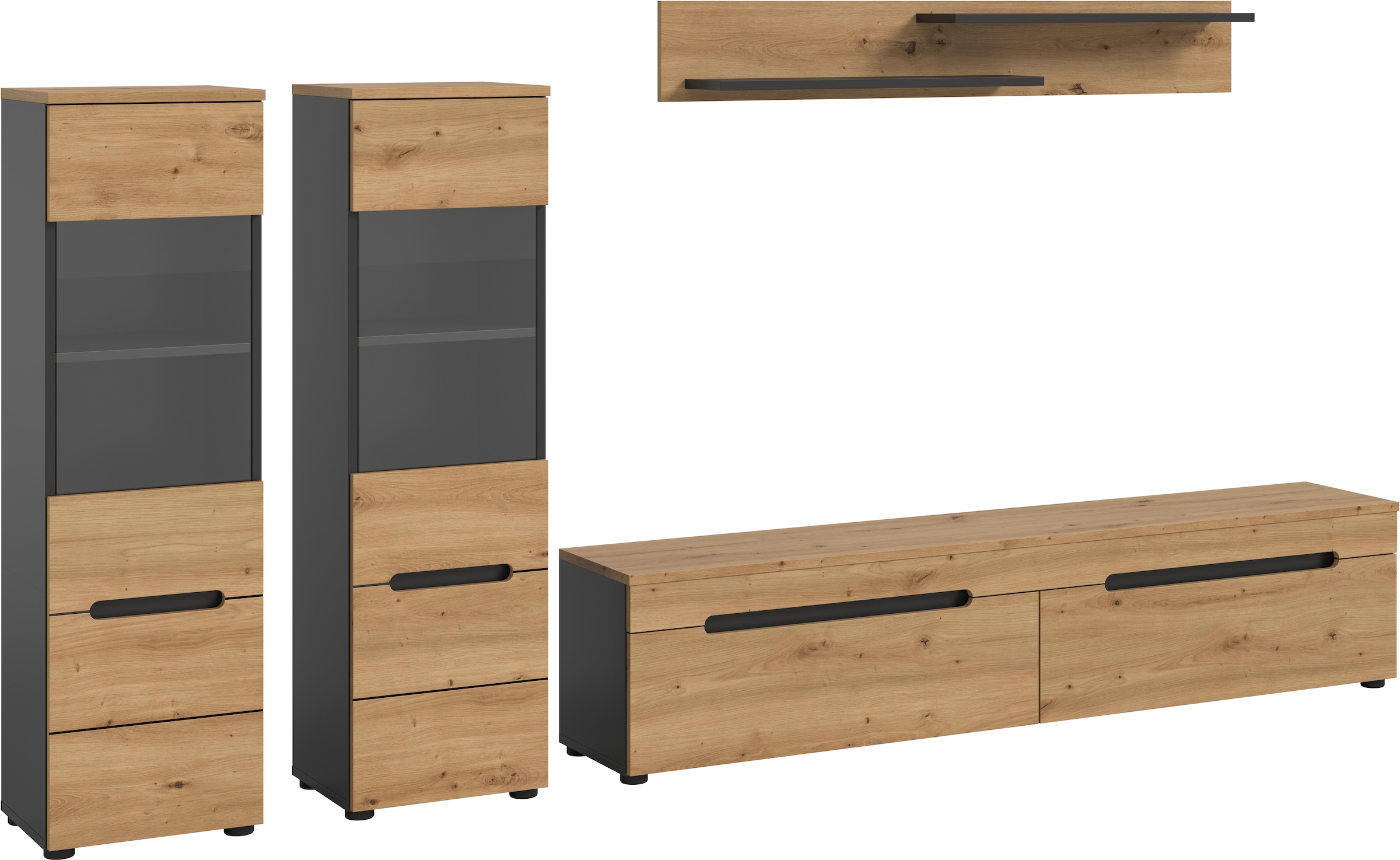 INOSIGN Wohnwand »REHAT, TOPSELLER!, 4-teilig, wahlweise stehend und hängend montierbar« Set bestehend aus: 2x Vitrine, Lowboard und Wandboard, 3 Stk. tlg.