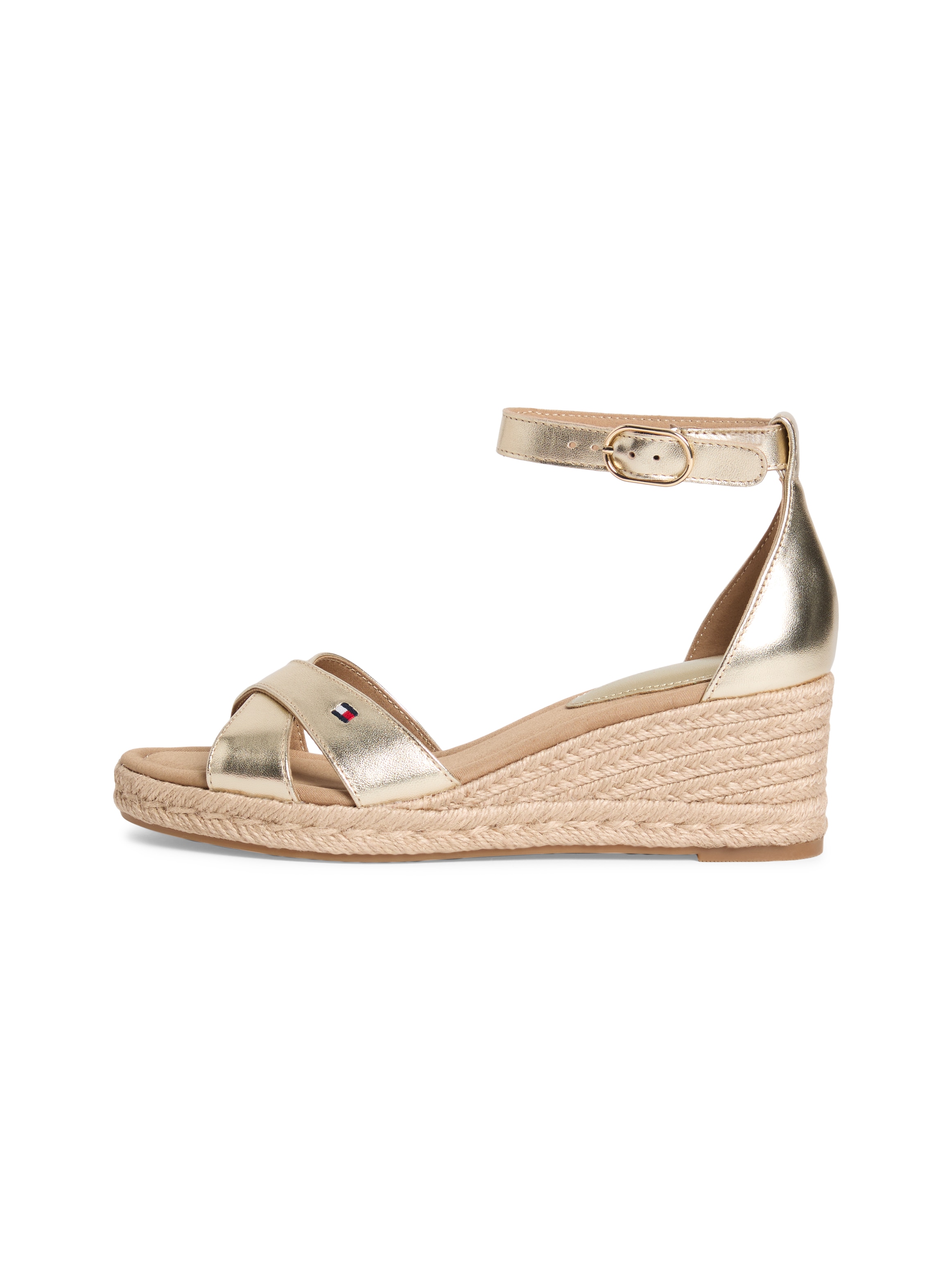 Tommy Hilfiger Keilsandalette »MID WEDGE ESPAD X CROSS GOLD«  Sommerschuh, Riemchensandale mit modischer Kreuzbandage - schmale Form