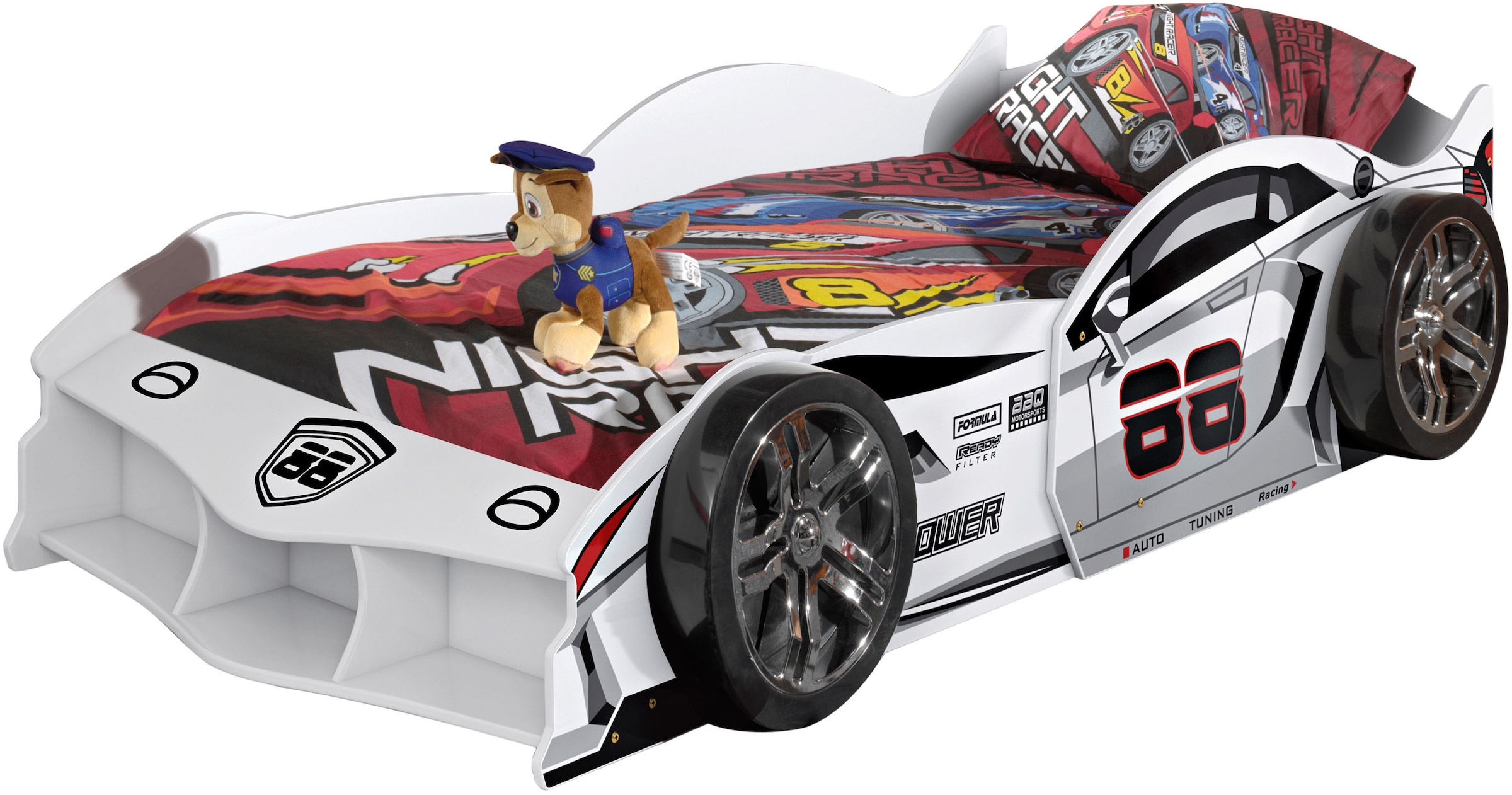 Vipack Autobett »Max 90/200 cm, im Rennwagen-Design, die Show im Kinderzimmer« B/H/T ca.: 229x58x114 cm mit Lattenrost und breiten Rädern,  tolle Felgen-Optik, glänzend lackiert in 2 Farben erhältlich