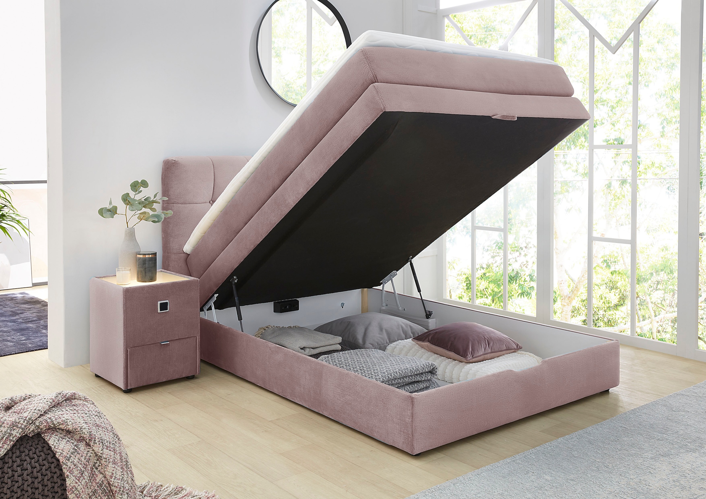 Jockenhöfer Gruppe Boxspringbett »AMY mit Bettkasten, inkl. Bonnell- oder Taschenfederkernmatratze H2-H4« mit 6 cm Kaltschaum-Topper, Samt-Bezug, 120x200 und 140x200 cm