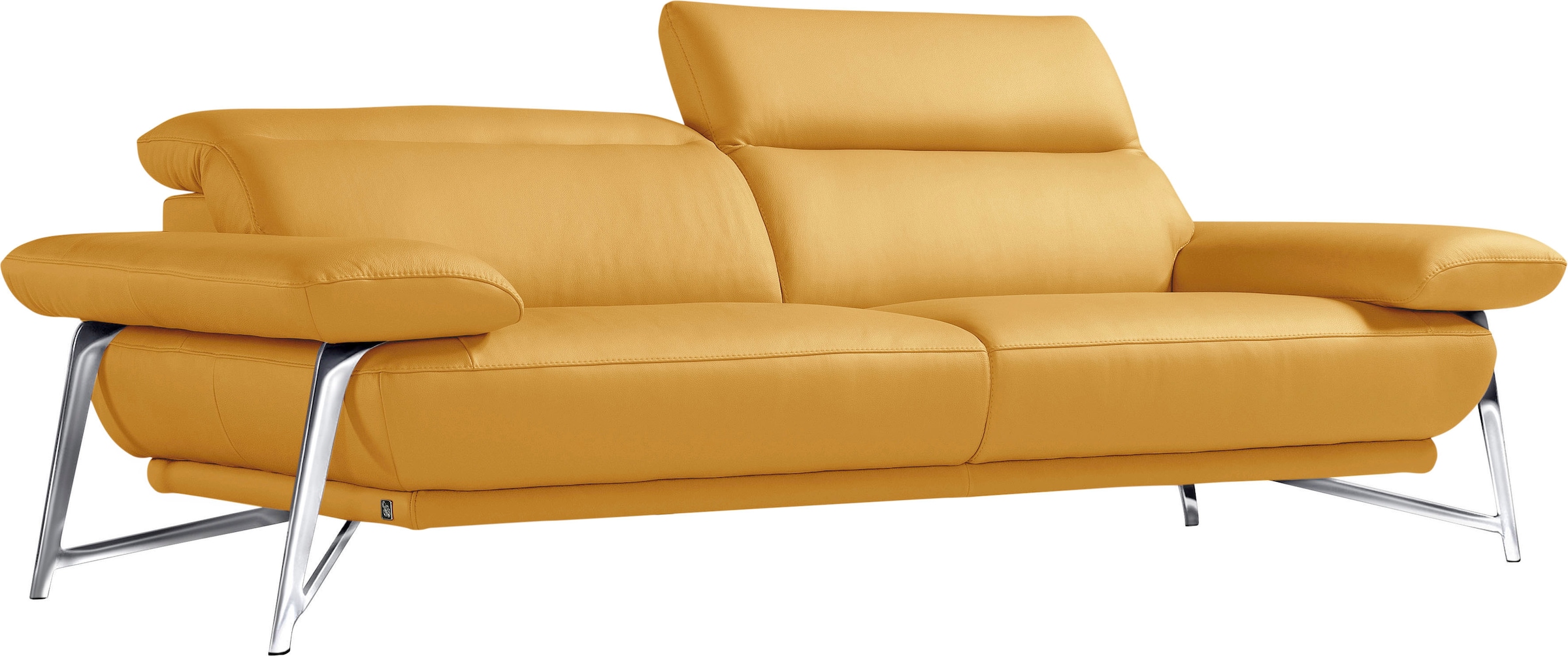 Egoitaliano 2,5-Sitzer »Anais, Designsofa mit erstklassigem Sitzkomfort, Fußfarbe chrom«, Kopfteil verstellbar, 232 cm, Leder BULL, gelb