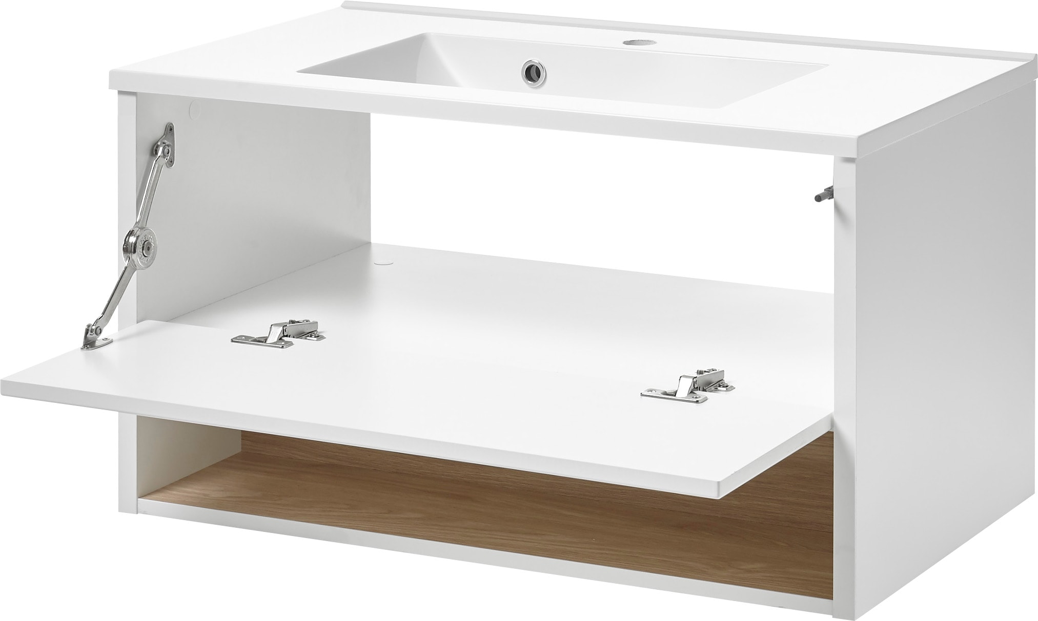 Places of Style Badmöbel-Set »Studio Line, Bad im modernen Design, 5-teiliges Badezimmer«, (5 St.), Schrank, Waschtisch und Spiegel, in zwei Farben verfügbar, Stauraum
