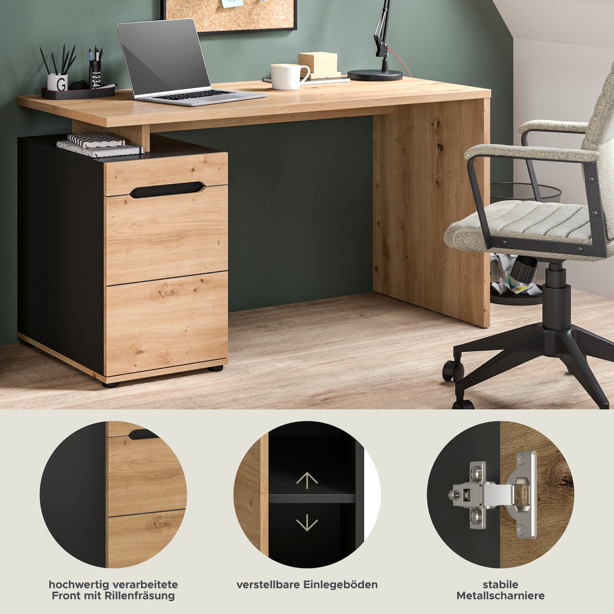 Home affaire Schreibtisch »REHAT, Bürotisch, Computertisch, Laptoptisch« bietet viel Stauraum für sämtliches Büromaterial,  grifflose Fronten, 1 Tür mit verstellbarem Einlegeboden, Breite: 138cm