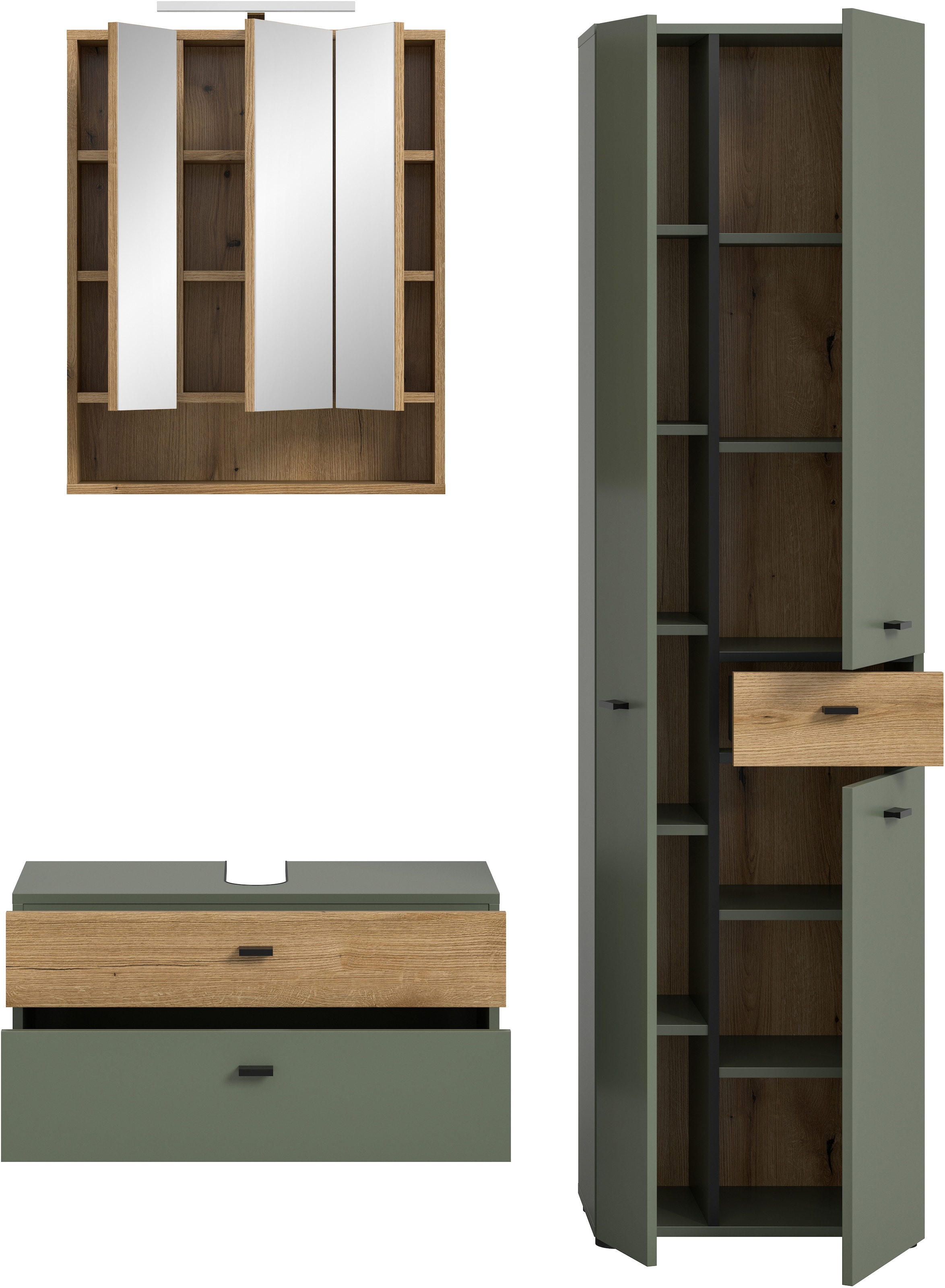 welltime Badmöbel-Set »VANN, 3-teilige moderne Badkombination, inkl. Beleuchtung« Waschbeckenunterschrank, Spiegelschrank inkl. Beleuchtung, Hochschrank, 3 Stk. tlg.