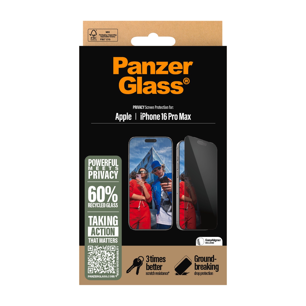 PanzerGlass Displayschutzglas »Privacy Screen Protection«, für Apple iPhone 16 Pro Max, Displayschutzfolie, Schutzfolie, Bildschirmschutz, kratz- & stoßfest