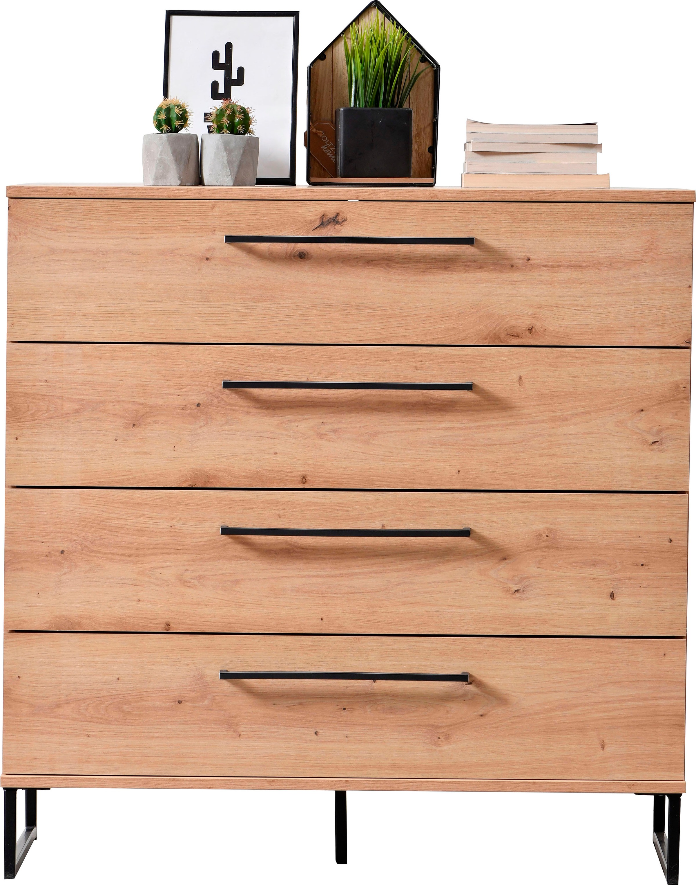 INOSIGN Schubkastenkommode »Sardinia, 91x92,5x42cm, FSC®-zertifizierter Holzwerkstoff«, mit 4 Schubladen, mit trendigen schwarzen Griffen und Metallfüße