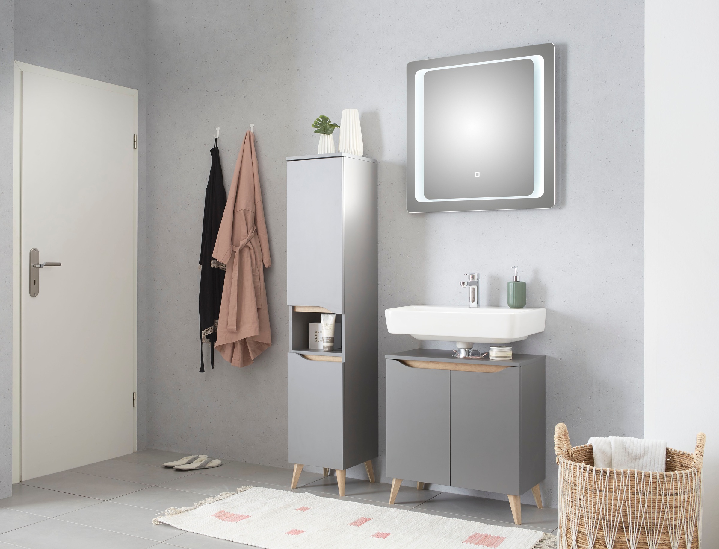 Saphir Badmöbel-Set »Quickset 3-teilig, Waschbeckenunterschrank mit LED-Spiegel« 3 Stk. tlg.