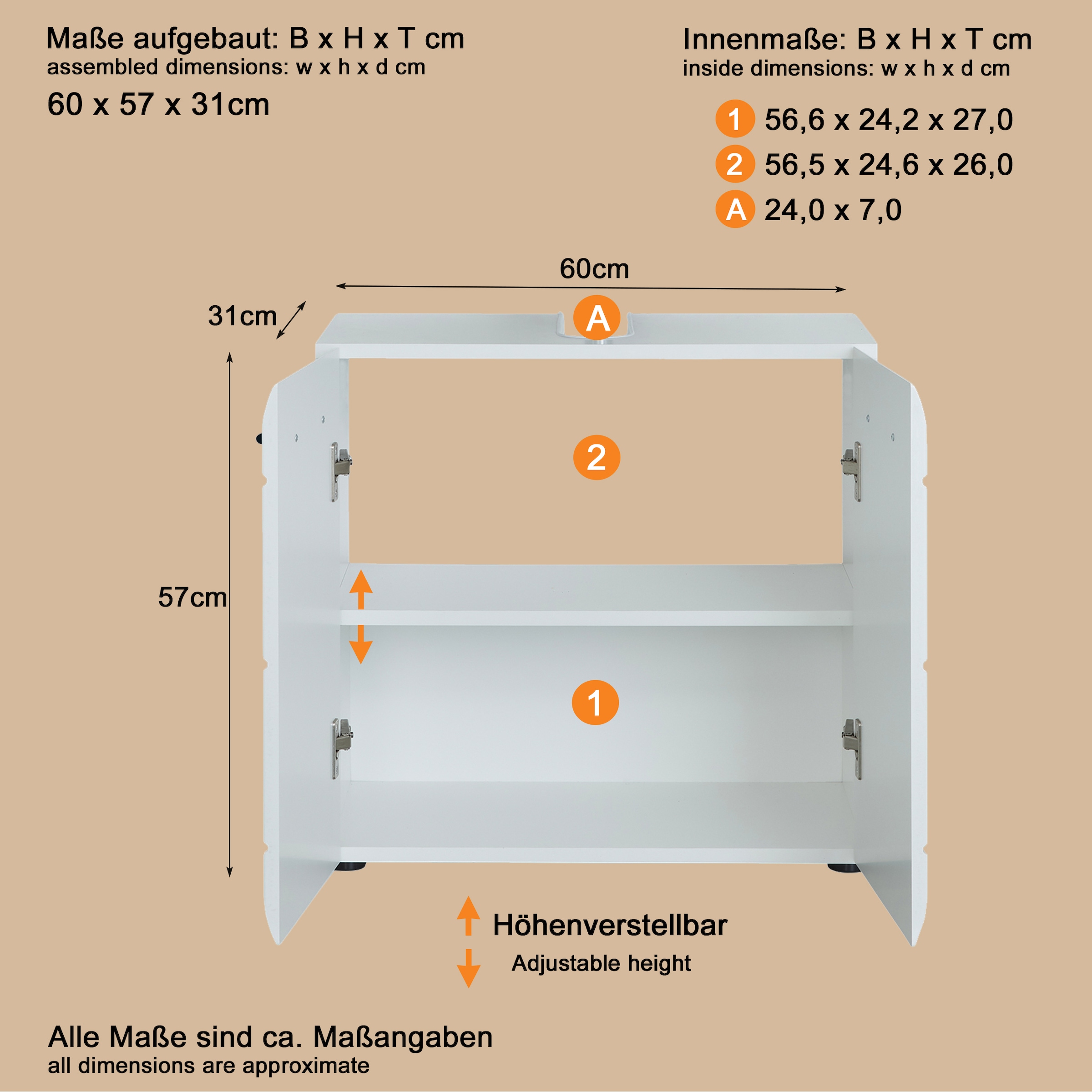 welltime Waschbeckenunterschrank »Sovana«, Waschtisch mit verstellbarem Fach - Maße (B/T/H) 60/31/56 cm