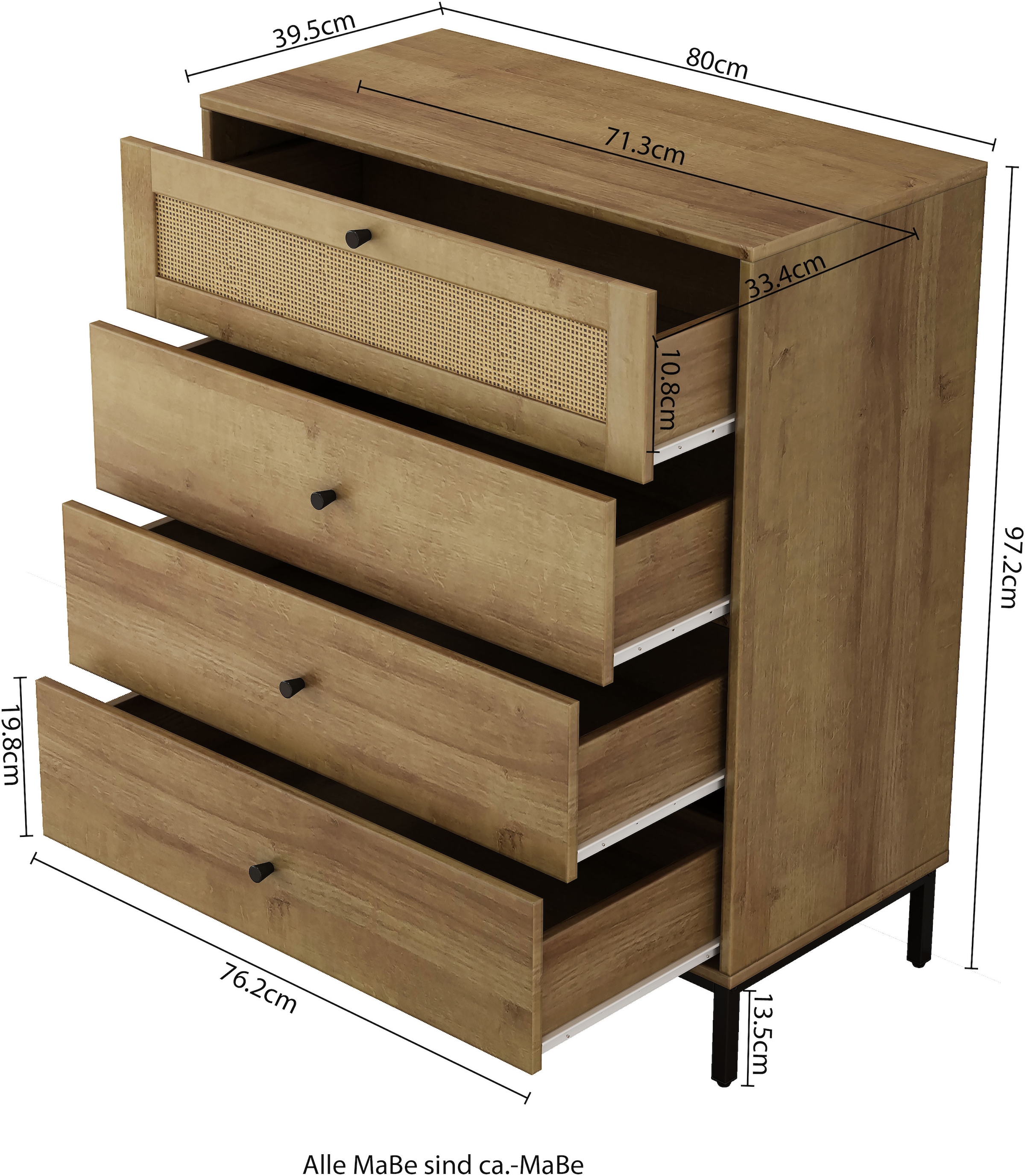 OTTO home Kombikommode »Motala Sideboard Wäscheschrank im BOHO Design Bestseller Kommode« Eichen-Design mit Geflecht Schublade und schwarzen Griffen,  Schrank Schlafzimmer mit 4 Schubladen hochwertig