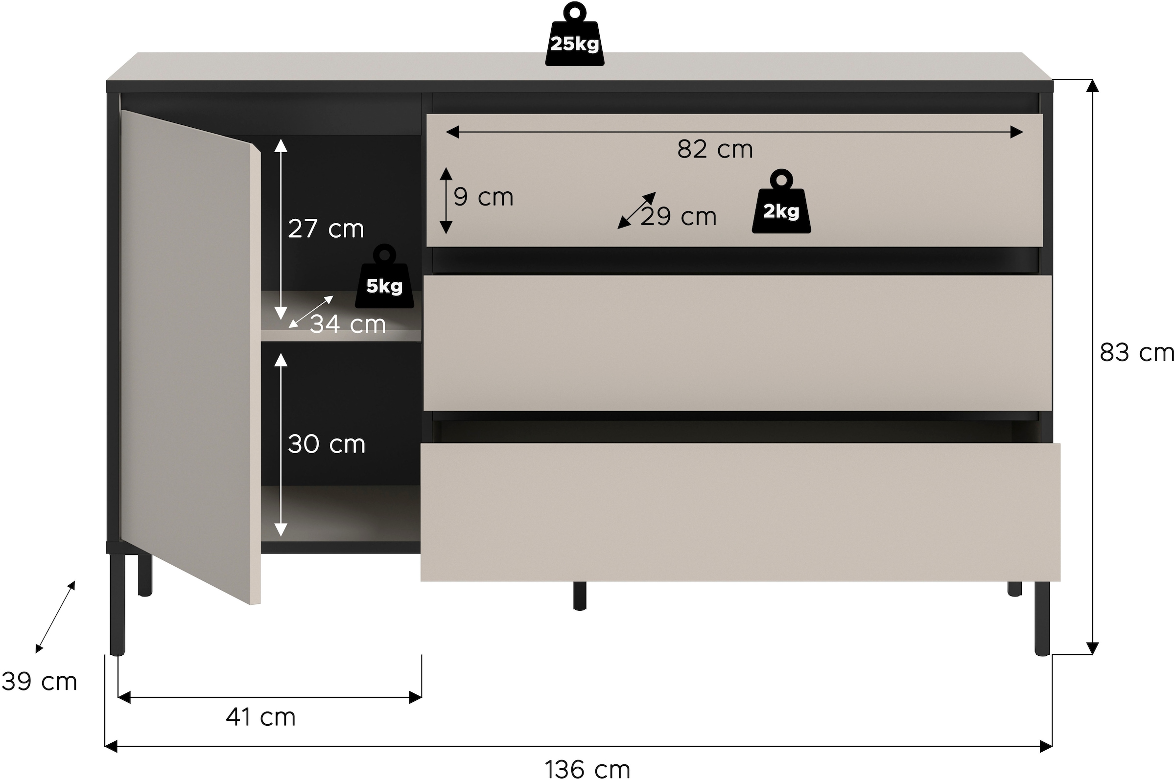 INOSIGN Sideboard »NORT, Breite: 136cm, mit Metall Stabfuß, 1 Tür, 3 Schubkästen« Anrichte, Kommode, Schrank, Board, Higboard