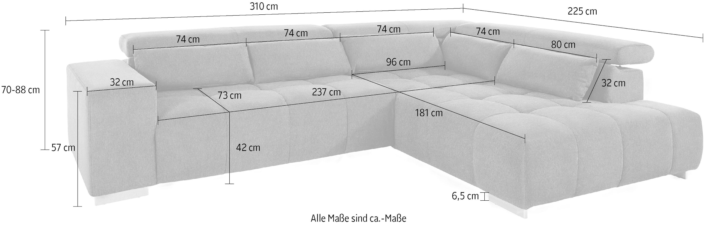 COTTA Ecksofa »Orion L-Form« mit Kopfteilverstellung & 5 Nierenkissen