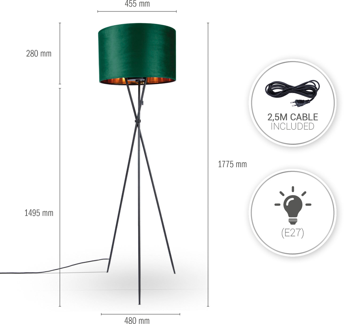 Paco Home Stehlampe »Kate uni Color«, Wohnzimmer Dreibein Standleuchte  Velour Höhe 177,5cm Filigran E27 online bei OTTO
