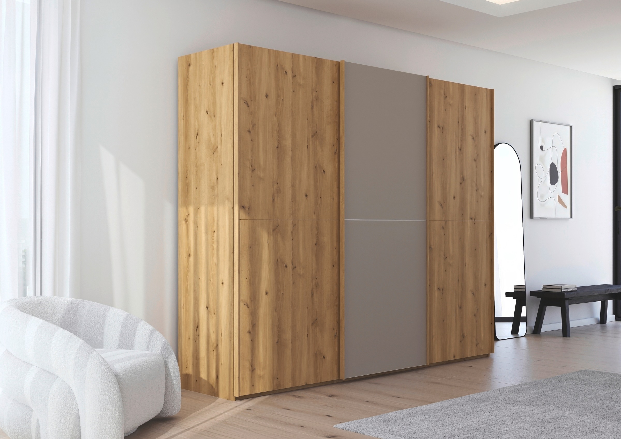rauch Schwebetürenschrank »Kleiderschrank Schrank Garderobe Schlafzimmerschrank SCALE-WOOD«, edle geteilte Front in massiver Asteiche mit Glastüren MADE IN GERMANY