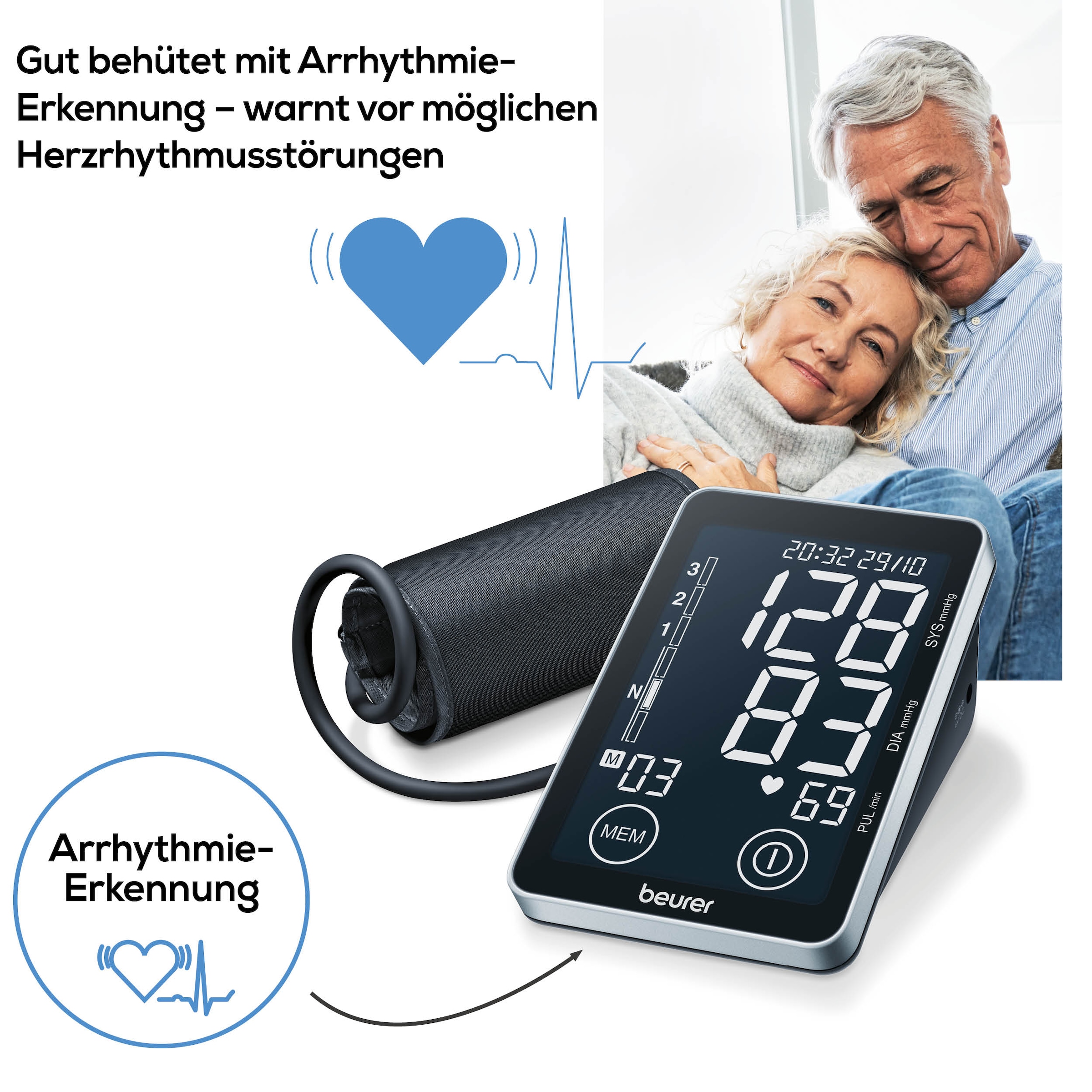 BEURER Oberarm-Blutdruckmessgerät »BM 58 mit Arrhythmie-Erkennung und farbigem Risikoindikator«, Inkl. Aufbewahrungstasche, Medizinprodukt, 2 Benutzerprofile