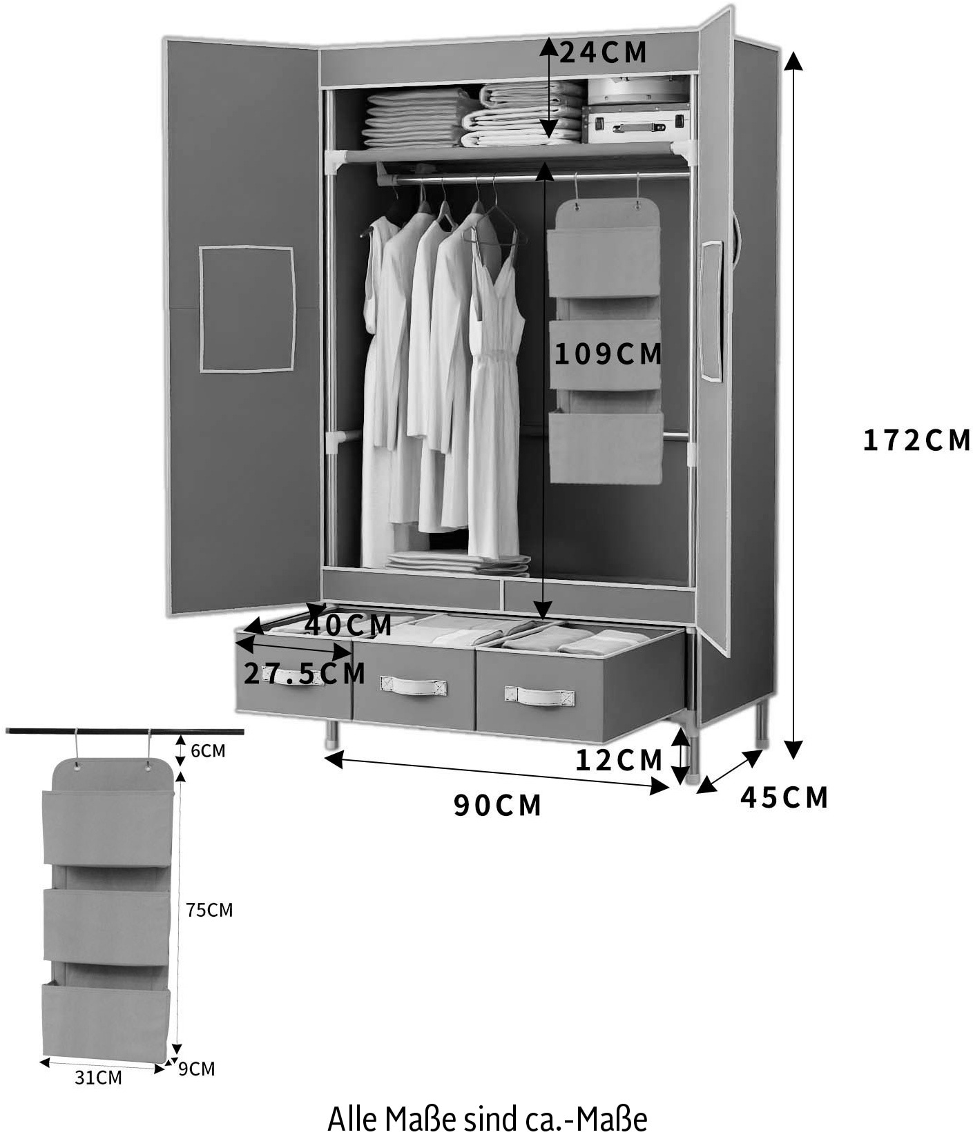 INOSIGN Kleiderschrank »Stockholm Stoffkleiderschrank Bestseller in diversen Ausführungen«, (Stabiler Schrank mit Türen und Schubladen in vielen Breiten), Schlafzimmer Garderobe Schrank Stoffkleiderschrank mit viel Stauraum