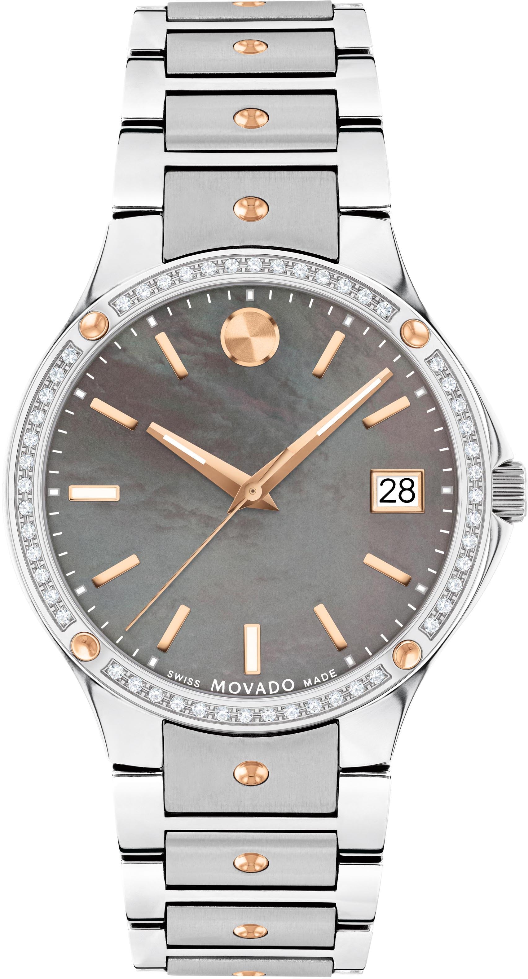 MOVADO Schweizer Uhr »SE Quarz, 0607706«, Quarzuhr, Armbanduhr, Damenuhr, Swiss Made, Diamant-Steine, Perlmutt