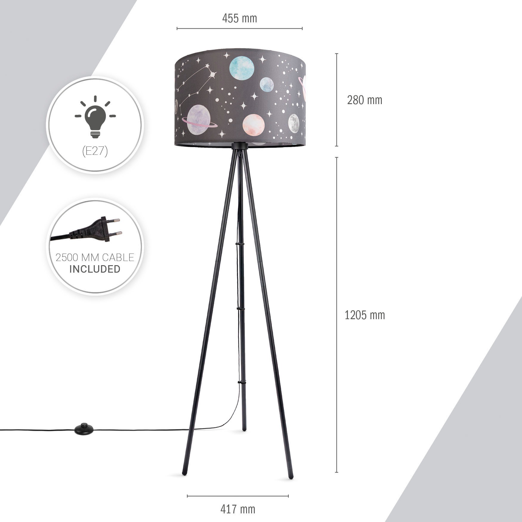 Paco Home Stehlampe »Trina Cosmo«, Leuchtmittel E27 | ohne Leuchtmittel, Stehlampe Kinderzimmer Stativ Stoffschirm Planet Sterne Dreibein