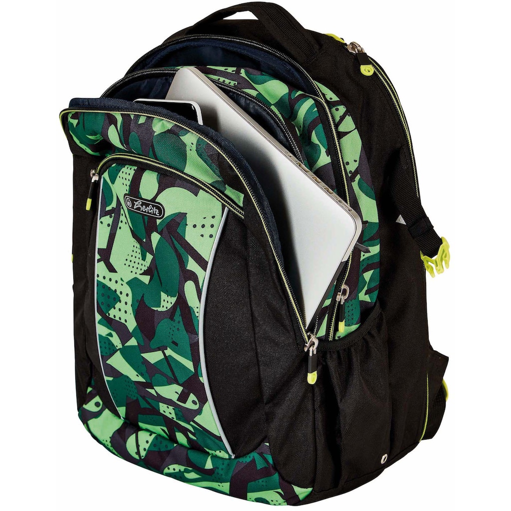 Herlitz Schulrucksack »Ultimate, Camo«, Floureszierende Flächen-reflektierende Streifen auf den Schultergurten, enthält recyceltes Material (Global Recycled Standard)