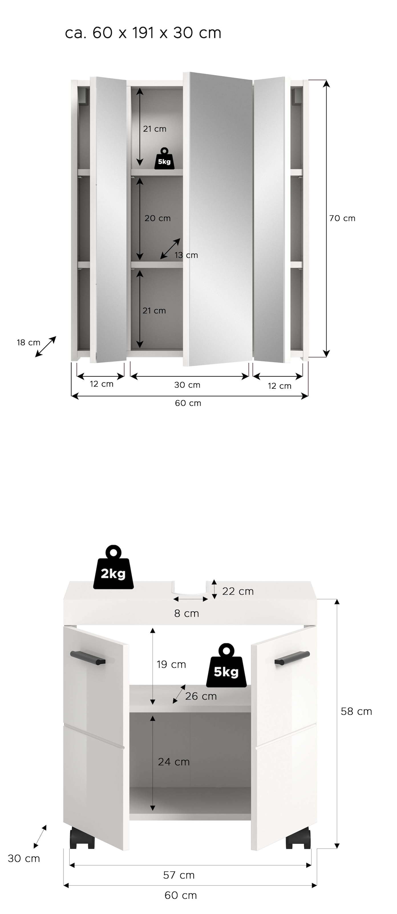 welltime Badmöbel-Set »AVON, Breite 60 cm, 2-teilige moderne Badkombination, auf Rollen« bestehend aus: Waschbeckenunterschrank & Spiegelschrank, 2 Stk. tlg.