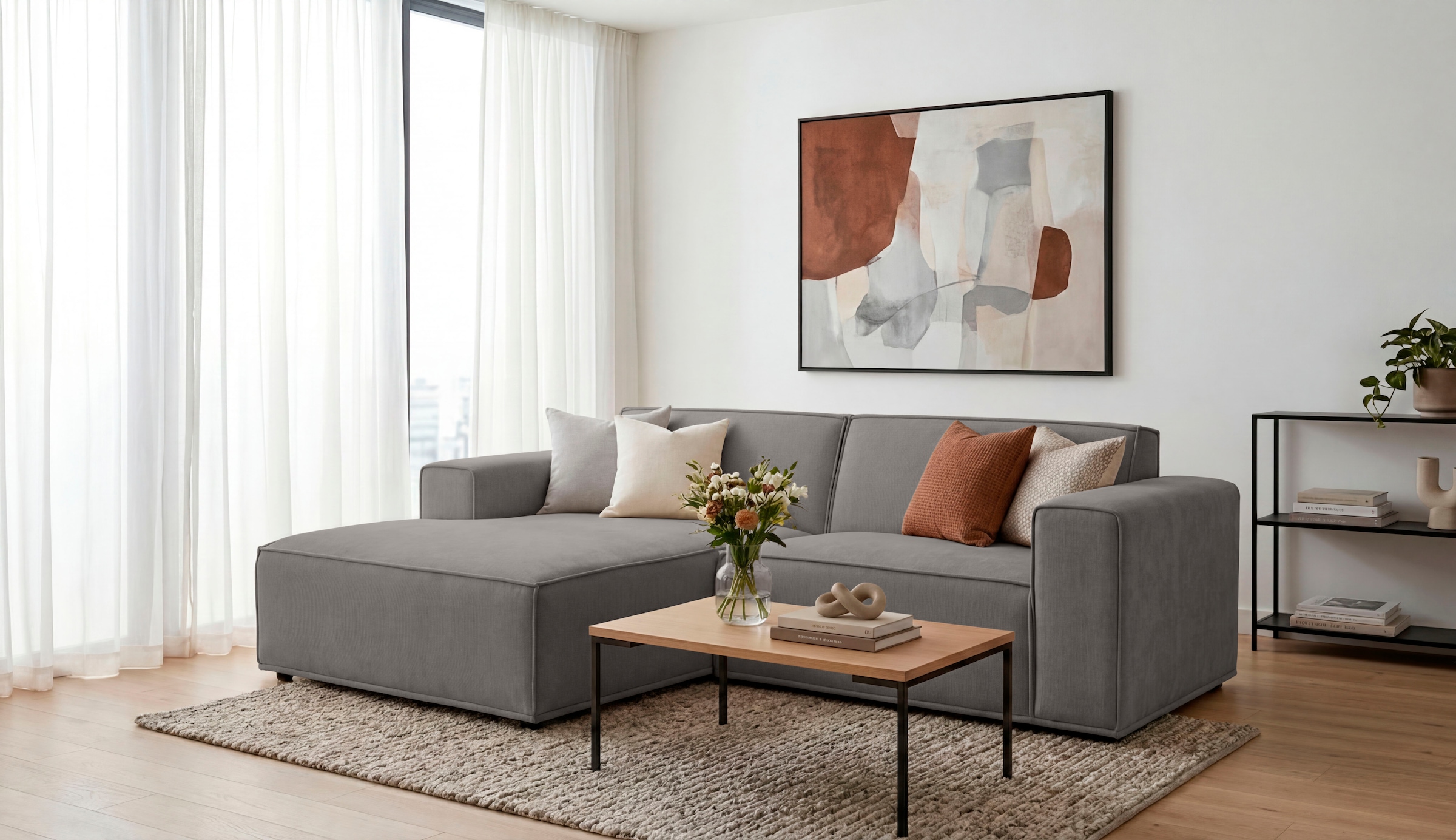 OTTO home Ecksofa »Avelin, 228 cm, L-Form, Chenille, Struktur-Boucle« mit Wellenunterfederung, Kedernaht, bodentief, Skandi-Design