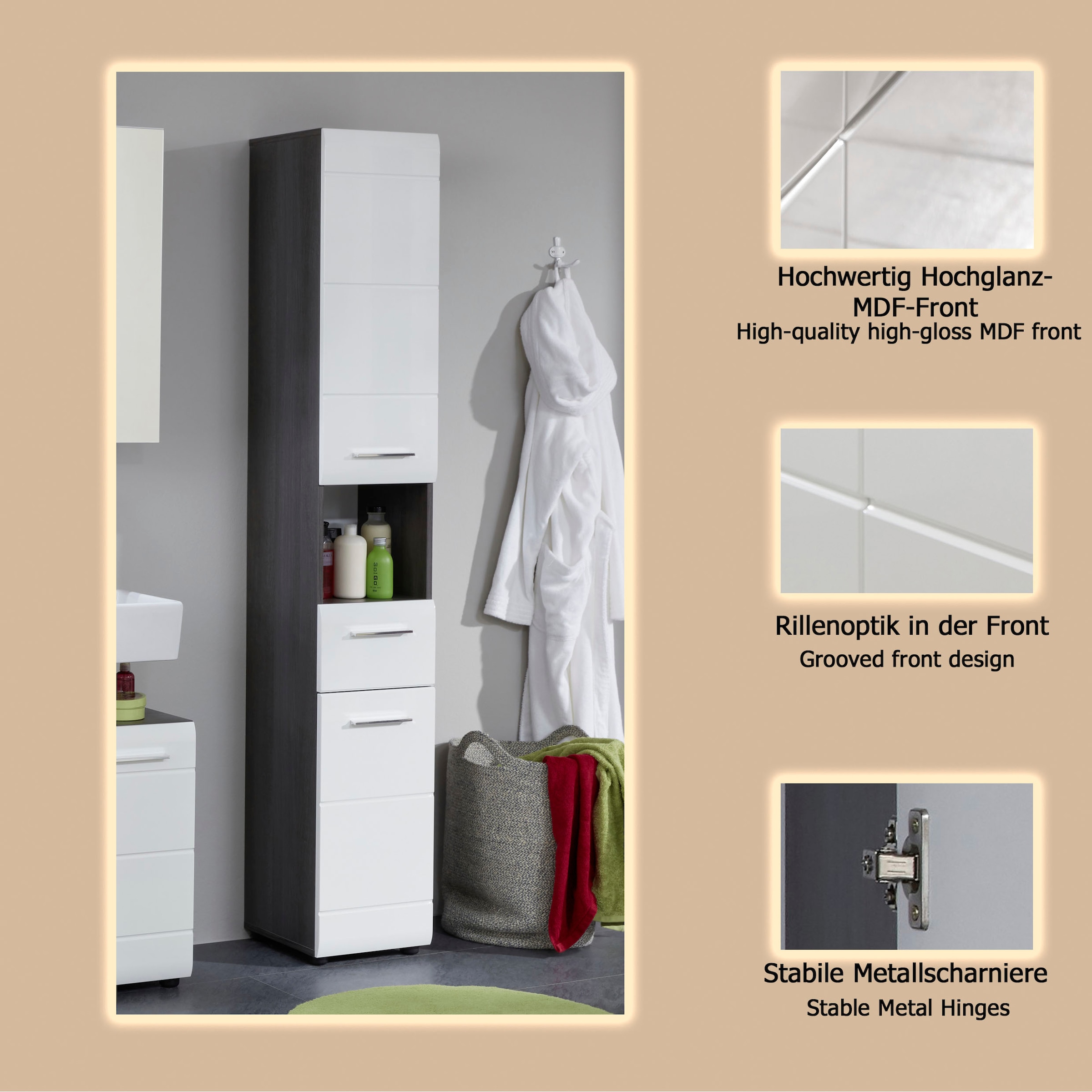 welltime Hochschrank »Sovana« Badezimmerschrank in Hochglanzoptik - (B/T/H) 30/31/182 cm