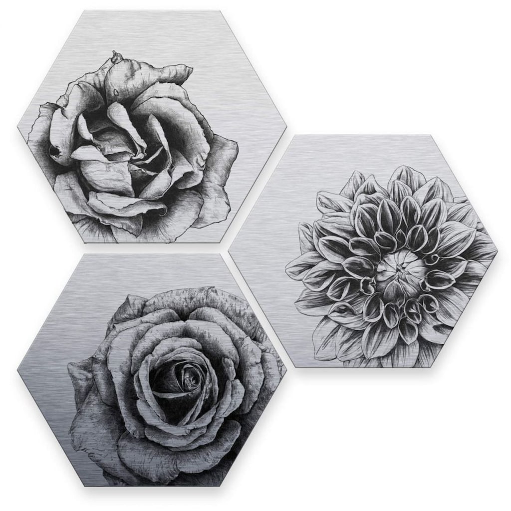 Wall-Art Mehrteilige Bilder »Silbereffekt Blumen Set«, (Set, 3 St.)