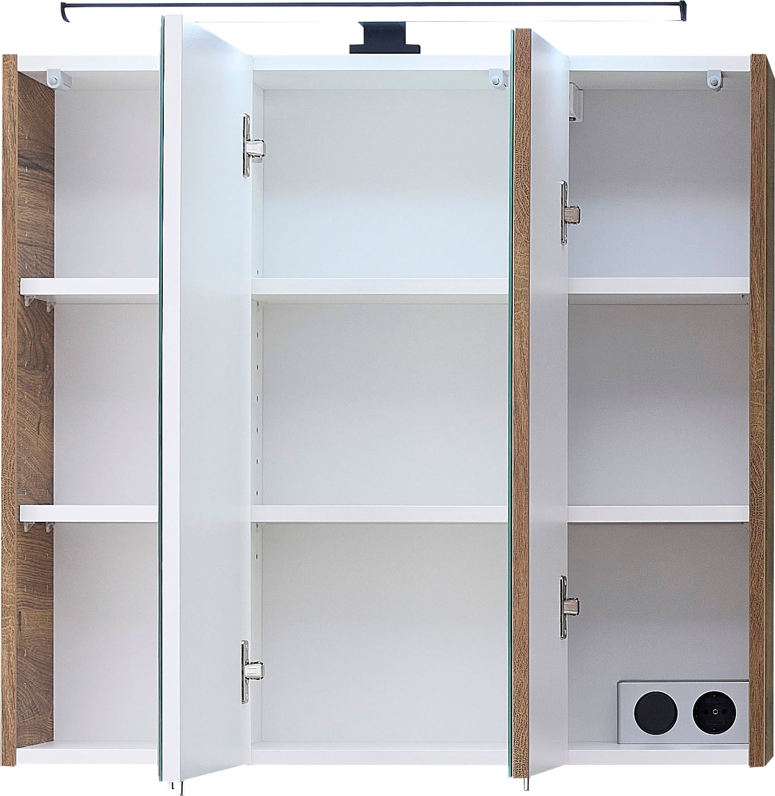 Saphir Spiegelschrank »Quickset 374 Badschrank, 3 Spiegeltüren, 6 Einlegeböden, 75 cm breit«, inkl. LED-Beleuchtung, Türdämpfer, Schalter-/Steckdosenkombination