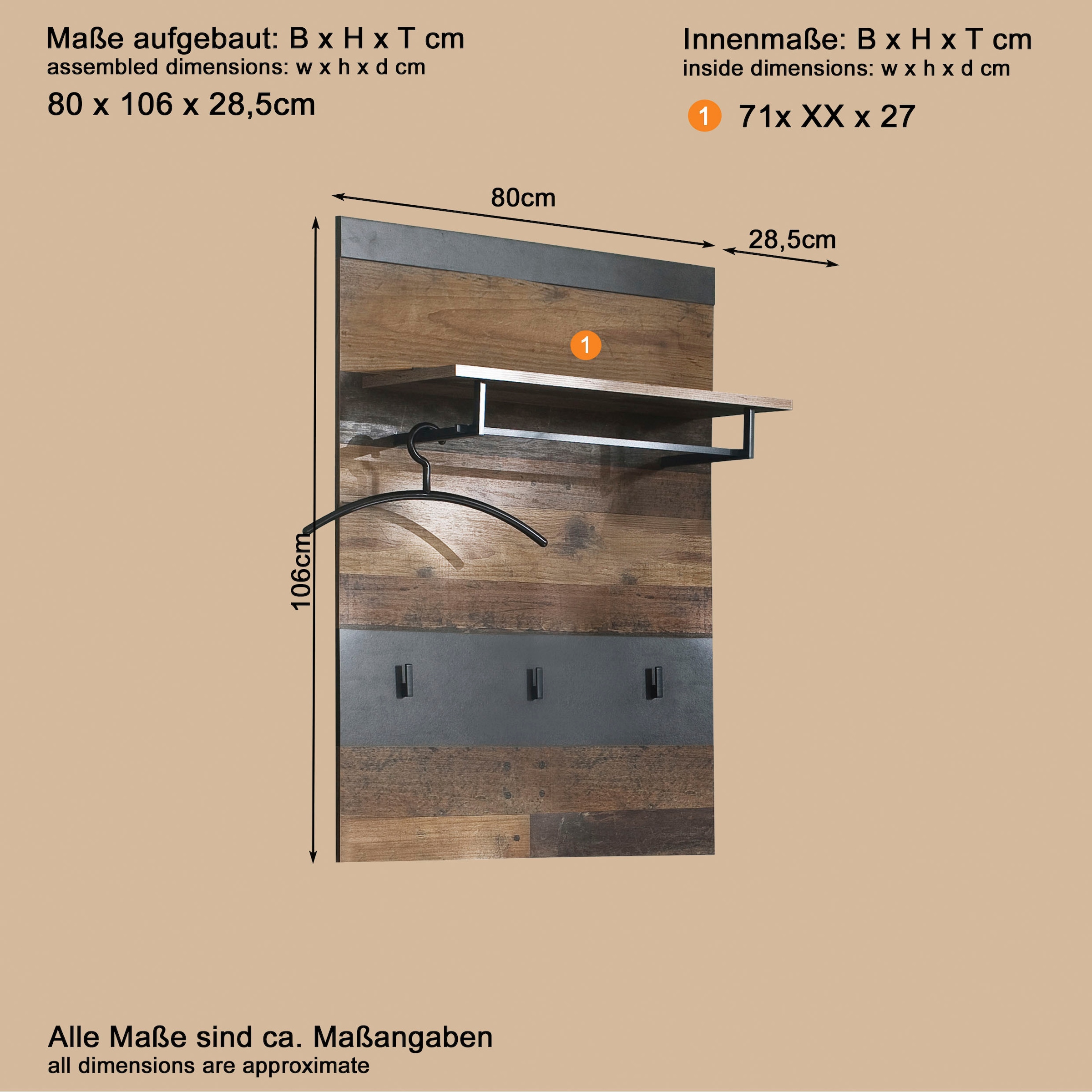 Home affaire Garderobenpaneel »Ilana« Garderobenpaneel mit Ablage & Haken - (B/T/H) 80/29/106 cm