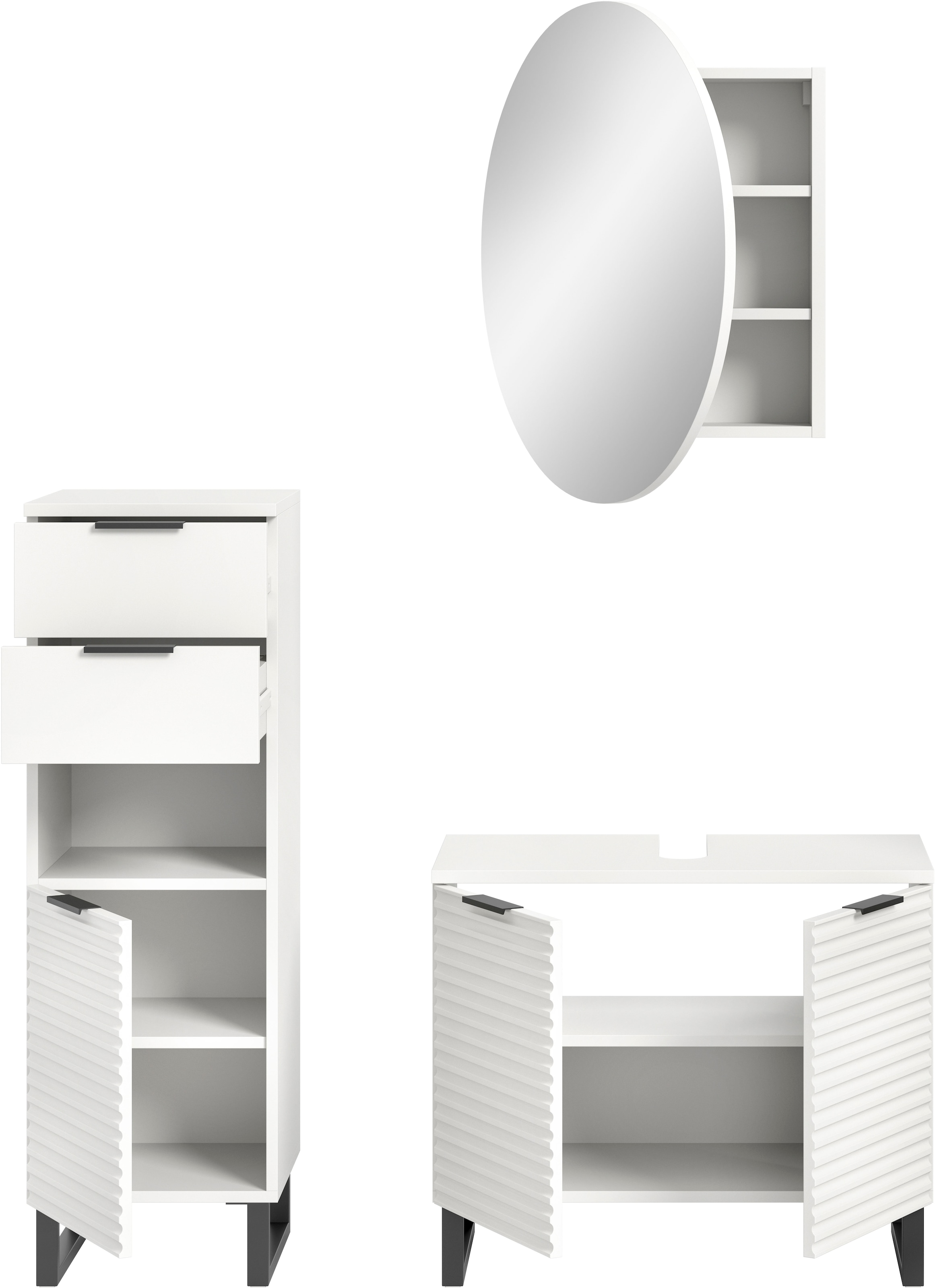 welltime Badmöbel-Set »Litica, Breite 120 cm, hochwertige Rillenfräsung, Metallkufen«, (3 St.), best. aus.: Unterschrank, Waschbeckenunterschrank, Spiegelschrank