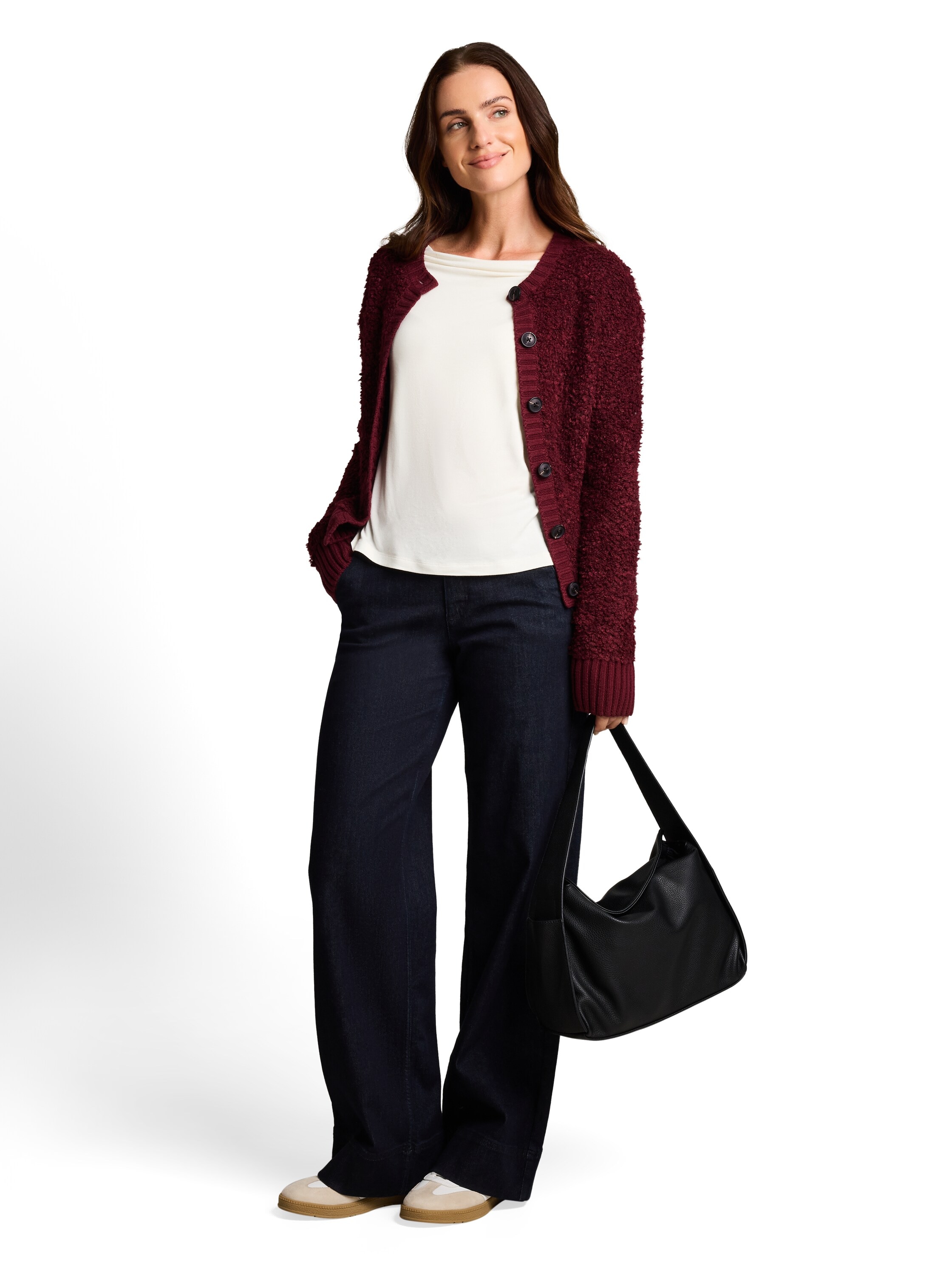 TOM TAILOR Cardigan Strickjacke in trendiger Bouclé-Optik / Rundhals mit Knopfleiste