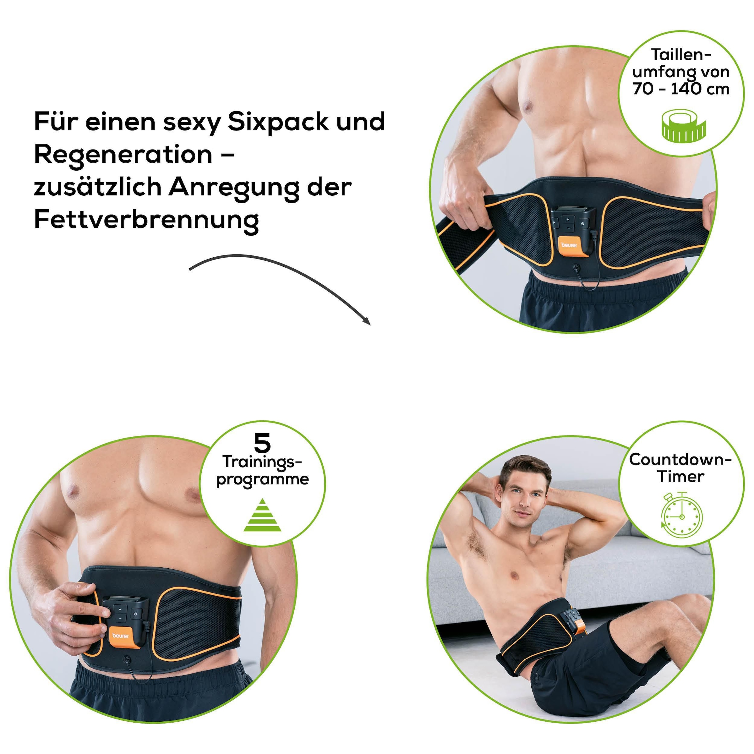BEURER EMS-Bauchmuskeltrainer »EM 37, Muskelgürtel mit EMS für zentrale und seitliche Bauchmuskeln«, (2 tlg.), 4 Elektroden, 5 Trainingsprogramme, für Umfänge von 70 - 140 cm