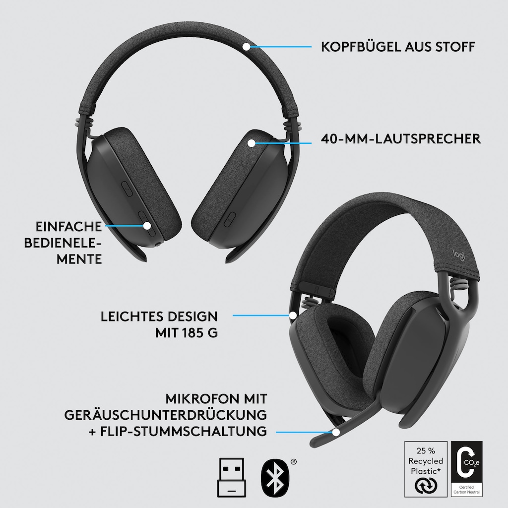 Logitech Gaming-Headset »Zone Vibe 125«, Bluetooth, Freisprechfunktion-Active Noise Cancelling (ANC)