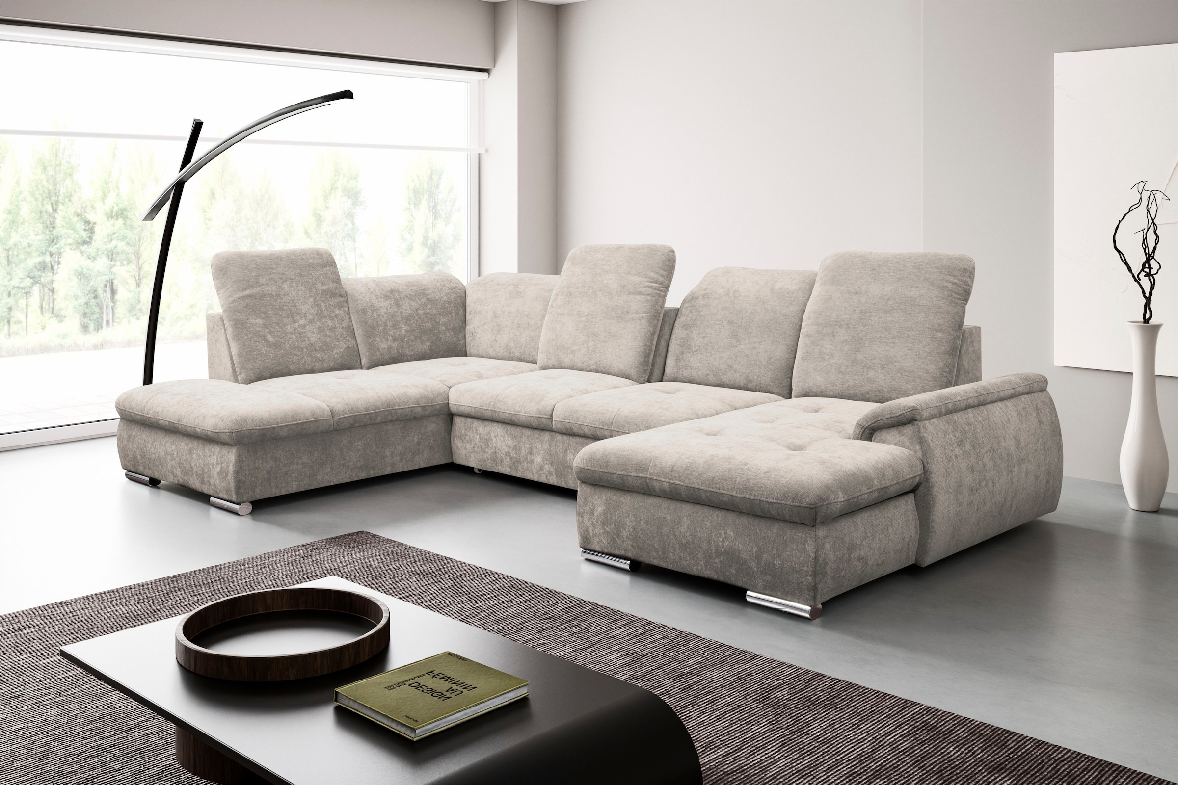 WERK2 Wohnlandschaft »Pula 356cm breit, Bett & Bettkasten, Kopfteil- & Sitztiefenverstellung« U-Form, XXL, Schlaffunktion, Bettkasten, verstellbare Kopfteile