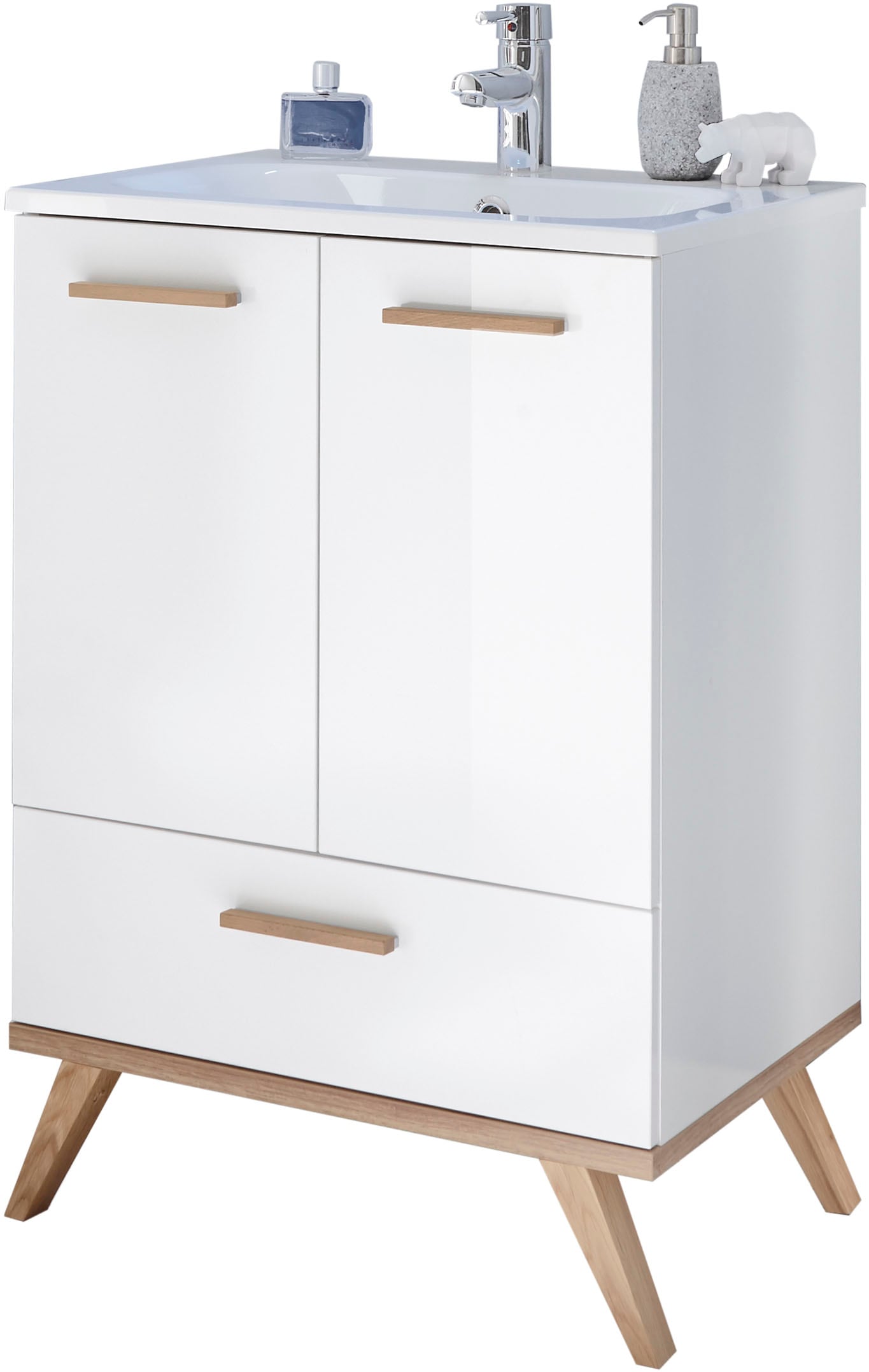 Saphir Badmöbel-Set »Quickset 2-teilig, Mineralmarmor-Waschtisch und LED-Spiegel«, (4 St.), Waschplatz 61 cm breit, 2 Türen, 1 Schublade, Spiegel-Ablage, Bad-Set