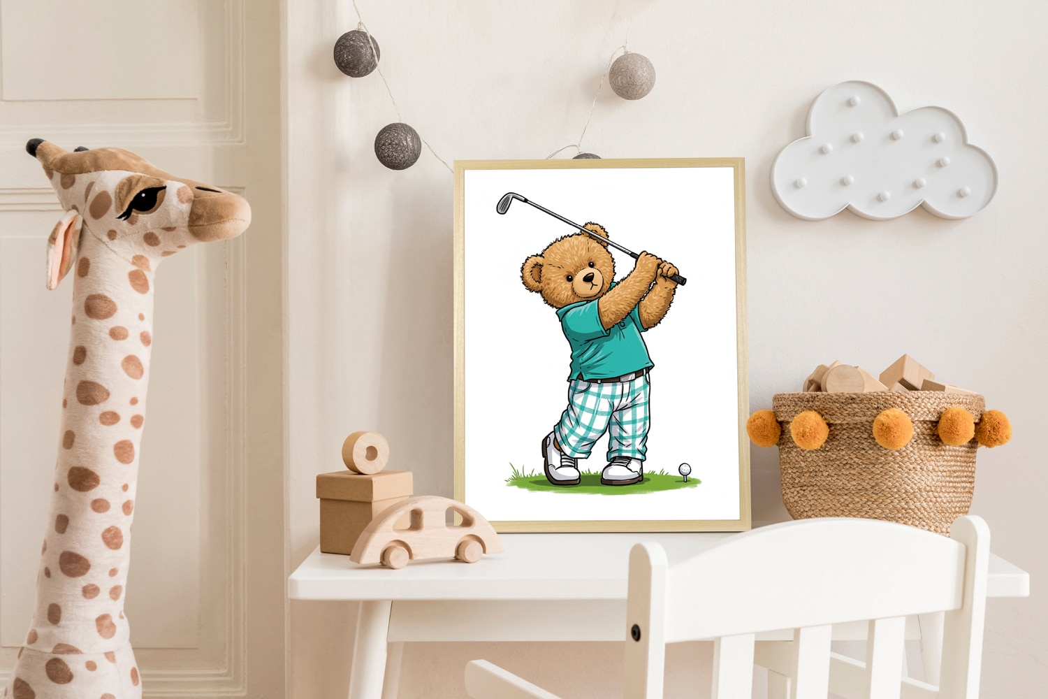 queence Bild mit Rahmen »Teddy Bär auf Golfplatz« Bär | Bären | Fashion | Figuren | Mode | Modebilder HD Premium Poster-Druck inkl. Echtholzrahmen in beige