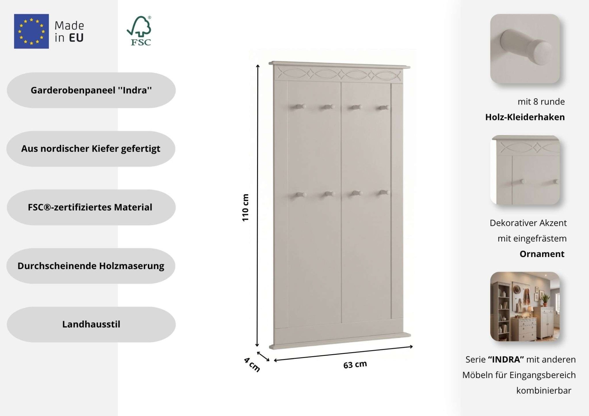 OTTO home Garderobenpaneel »Indra« B/T/H: 63/6/100 cm,  aus massiver Kiefer, FSC®, 8 Haken, dezentes Ornament
