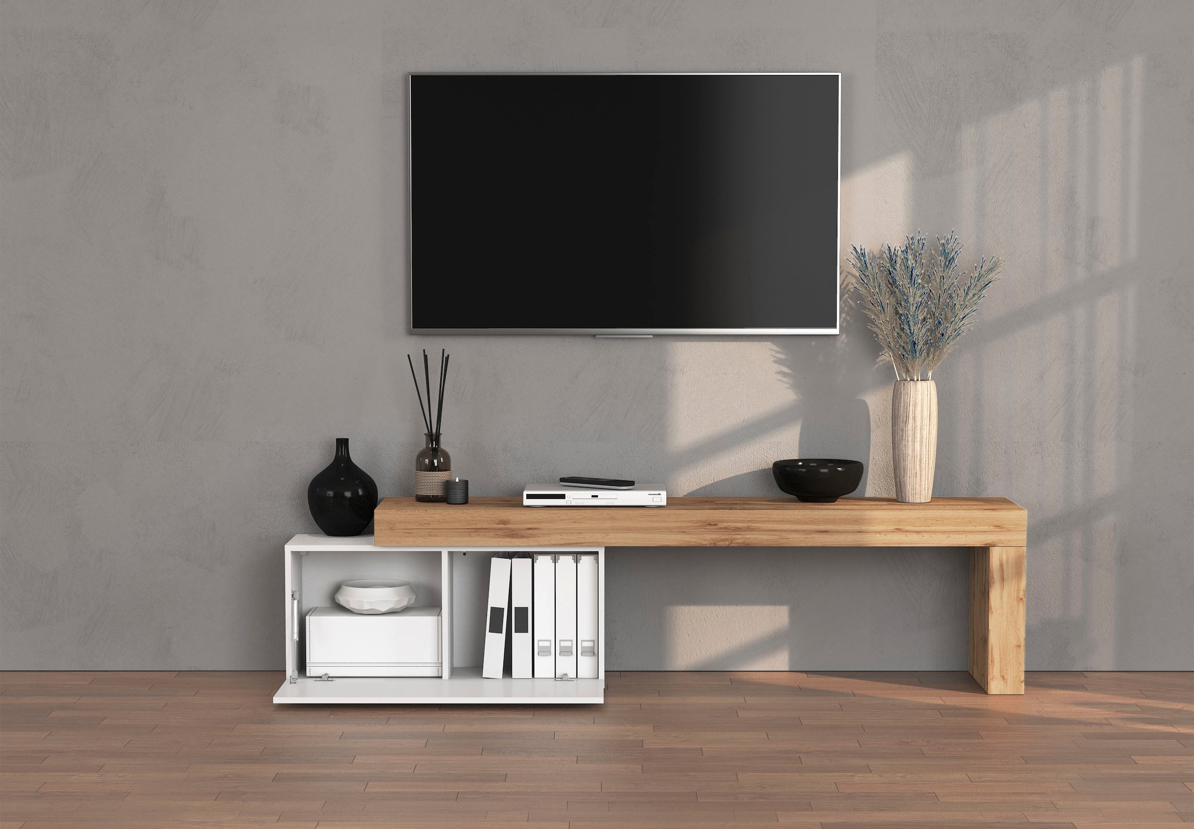 OTTO home Lowboard »Chronos TV-Board, TV-Schrank« Breite verstellbar von 180 bis 260 cm, 1 Stk. tlg. Breite 220 cm TV-Board,Lowboard,1 Klappe und ein L-Förmiger Aufsatz