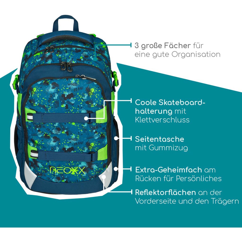 neoxx Schulrucksack »Active, Petrol Extrem«, reflektierende Details, aus recycelten PET-Flaschen