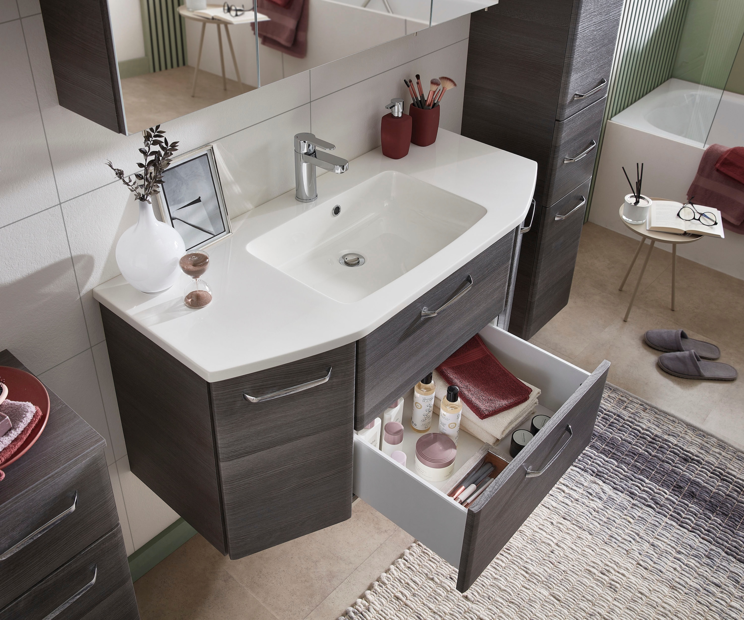 Saphir Badmöbel-Set »Quickset 4-teilig, Mineralmarmor-Waschtisch und LED-Spiegelschrank« 5 Stk. tlg.