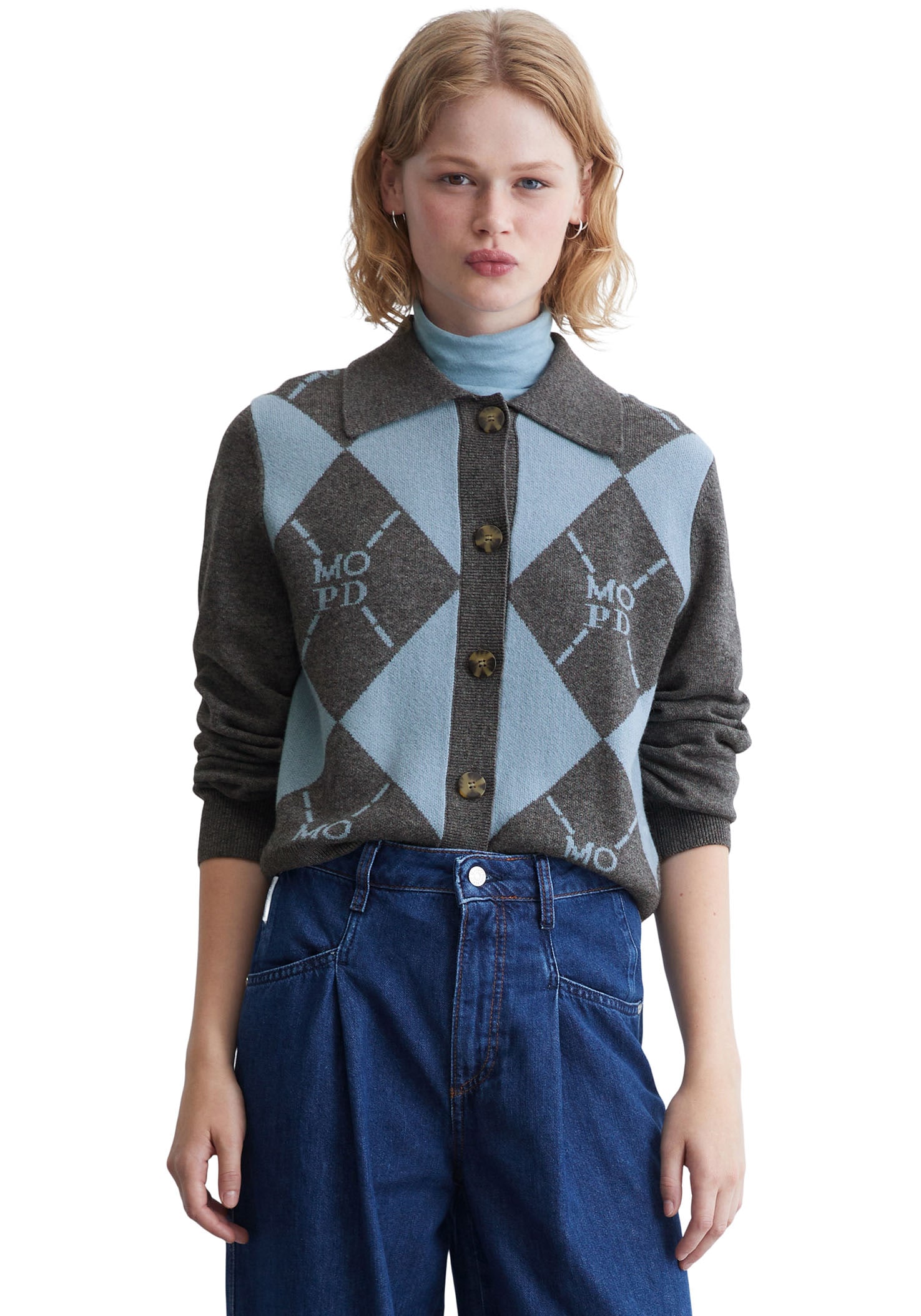 Marc O'Polo DENIM Jacquardstrickjacke, mit elegantem Rauten- und Logomuster