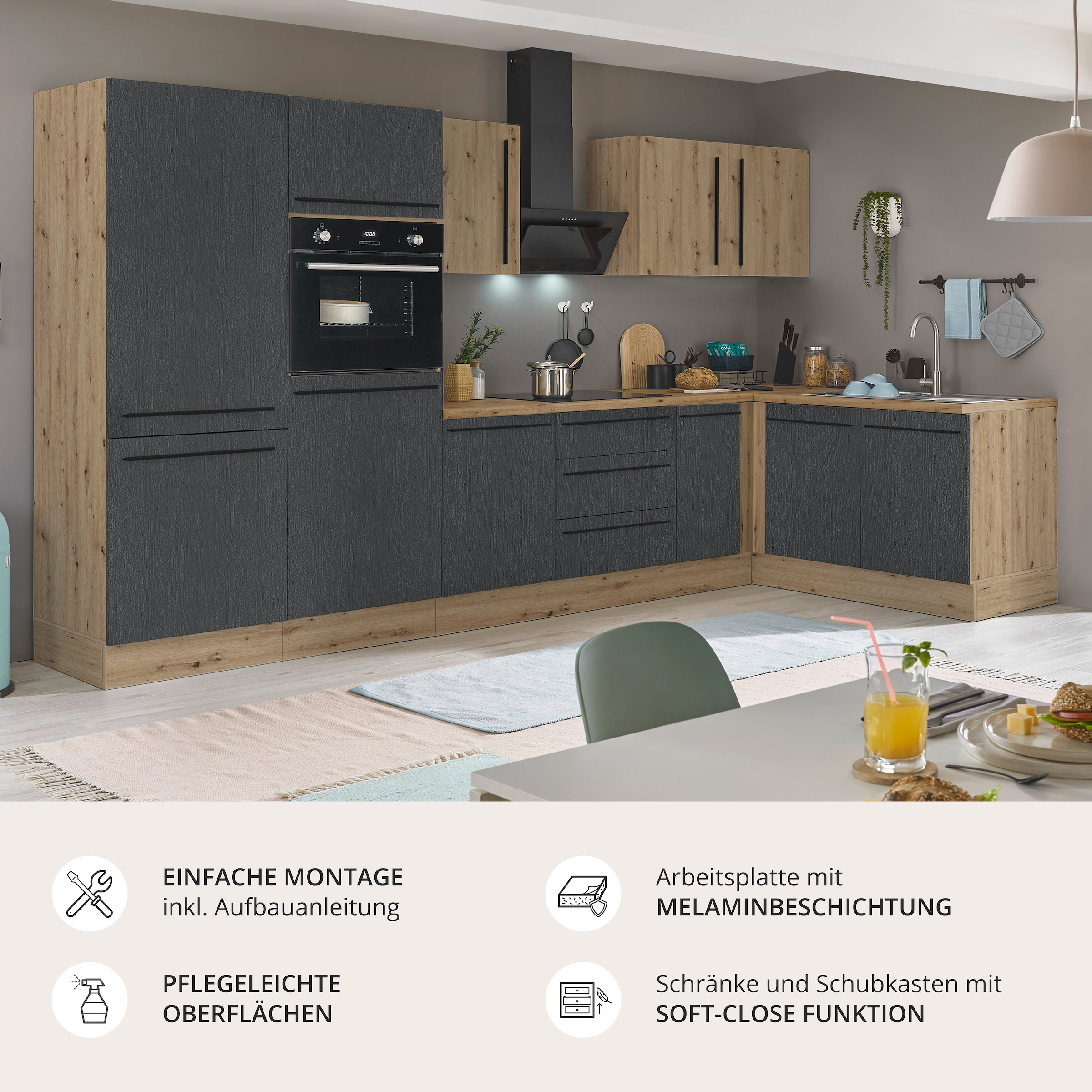 KOCHSTATION Winkelküche »Florida, Stellbreite 330x165 cm« wahlweise mit E-Geräten, mit Softclose für Türen und Schubkästen