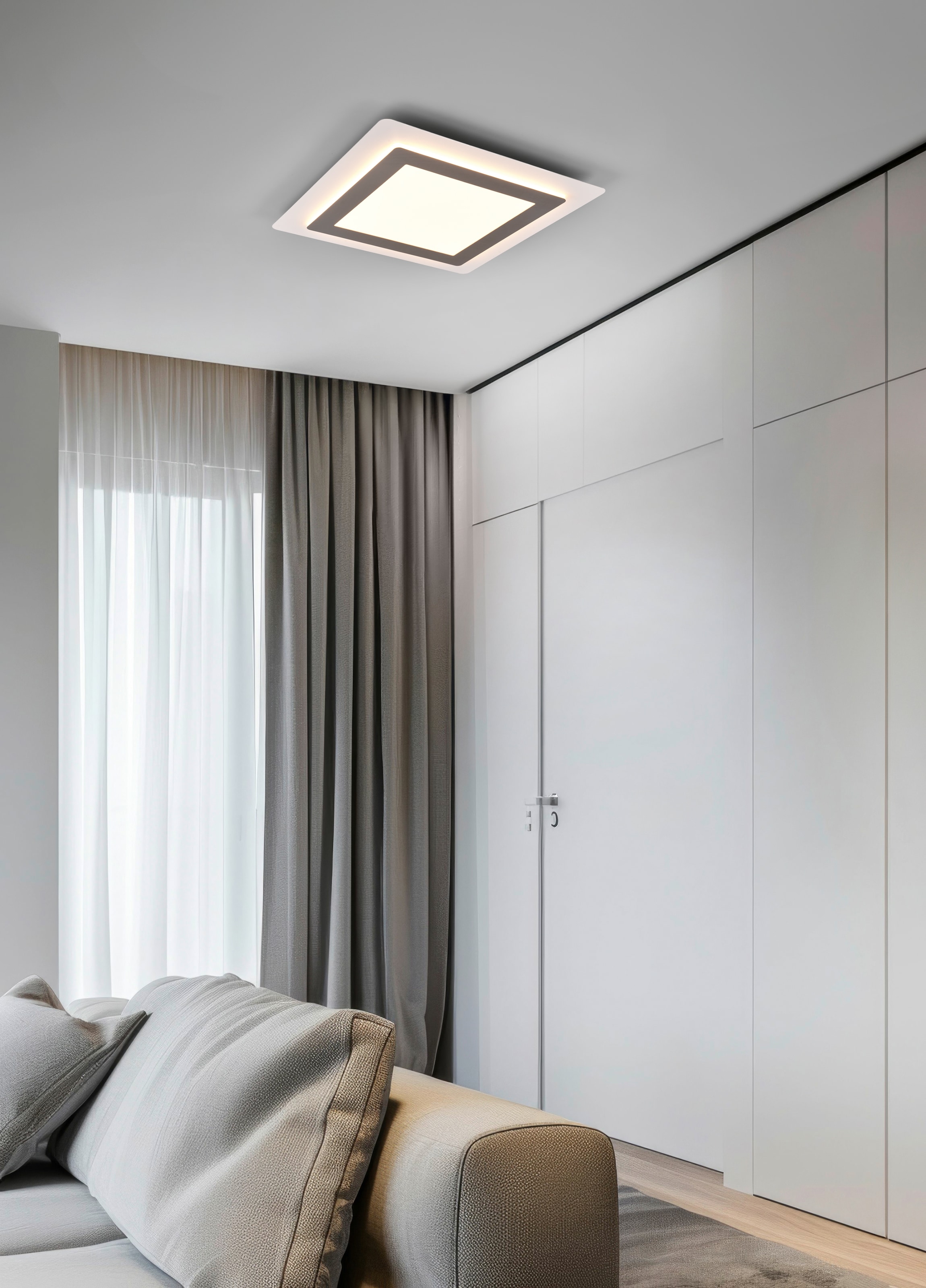 TRIO Leuchten LED Deckenleuchte »MORGAN, quadratische Deckenlampe 45x45cm, dimmbar, CCT, Memoryfunktion« LED-Board 1 Stk. warmweiß - kaltweiß Nachtlicht, Timer, 46W 6000 Lumen, 2700-6500 Kelvin, mit Fernbedienung