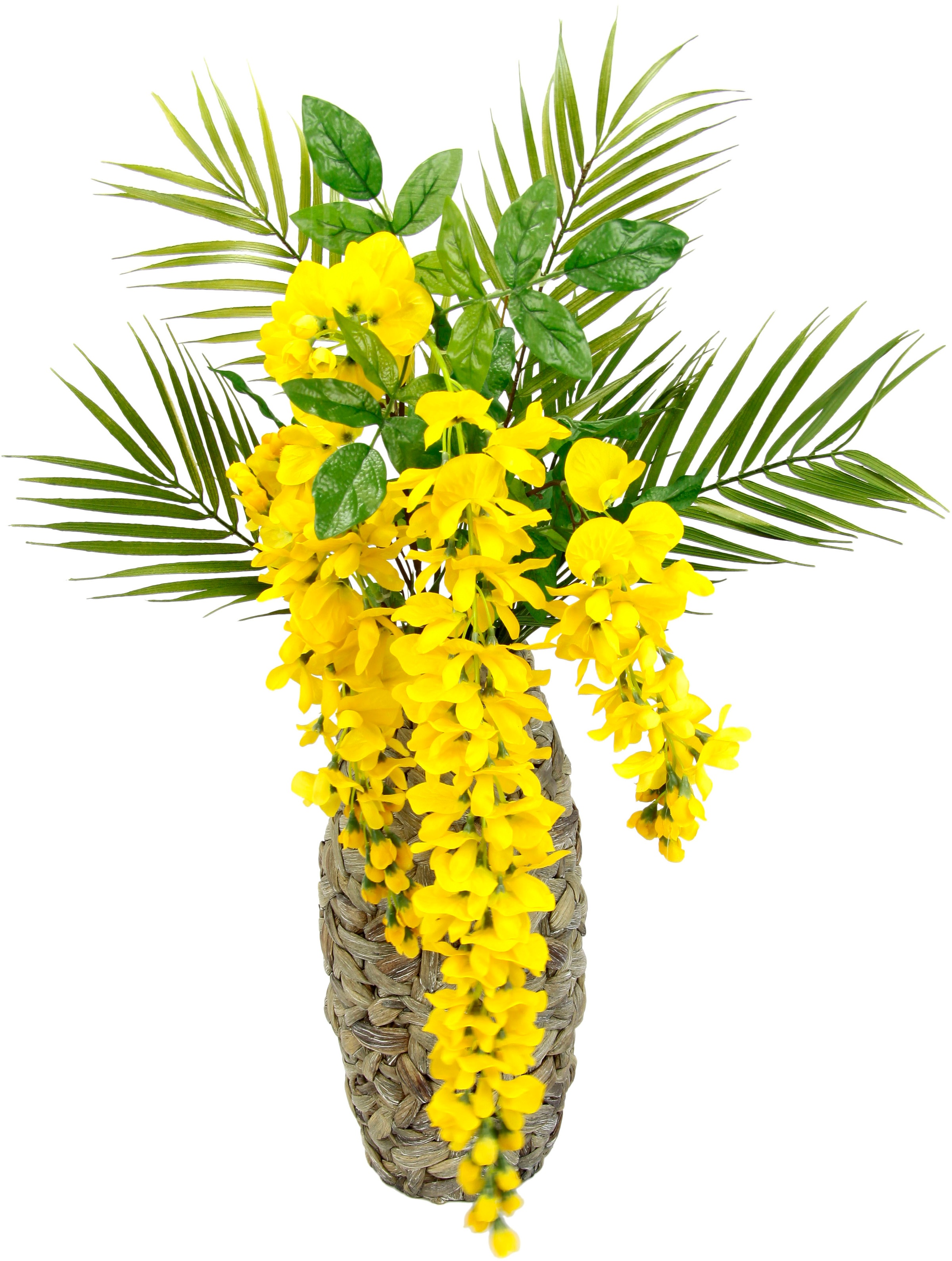 I.GE.A. Kunstblume »Blumenarrangement Goldregen mit Palmenzweige«, Vase aus Wasserhyazinthe