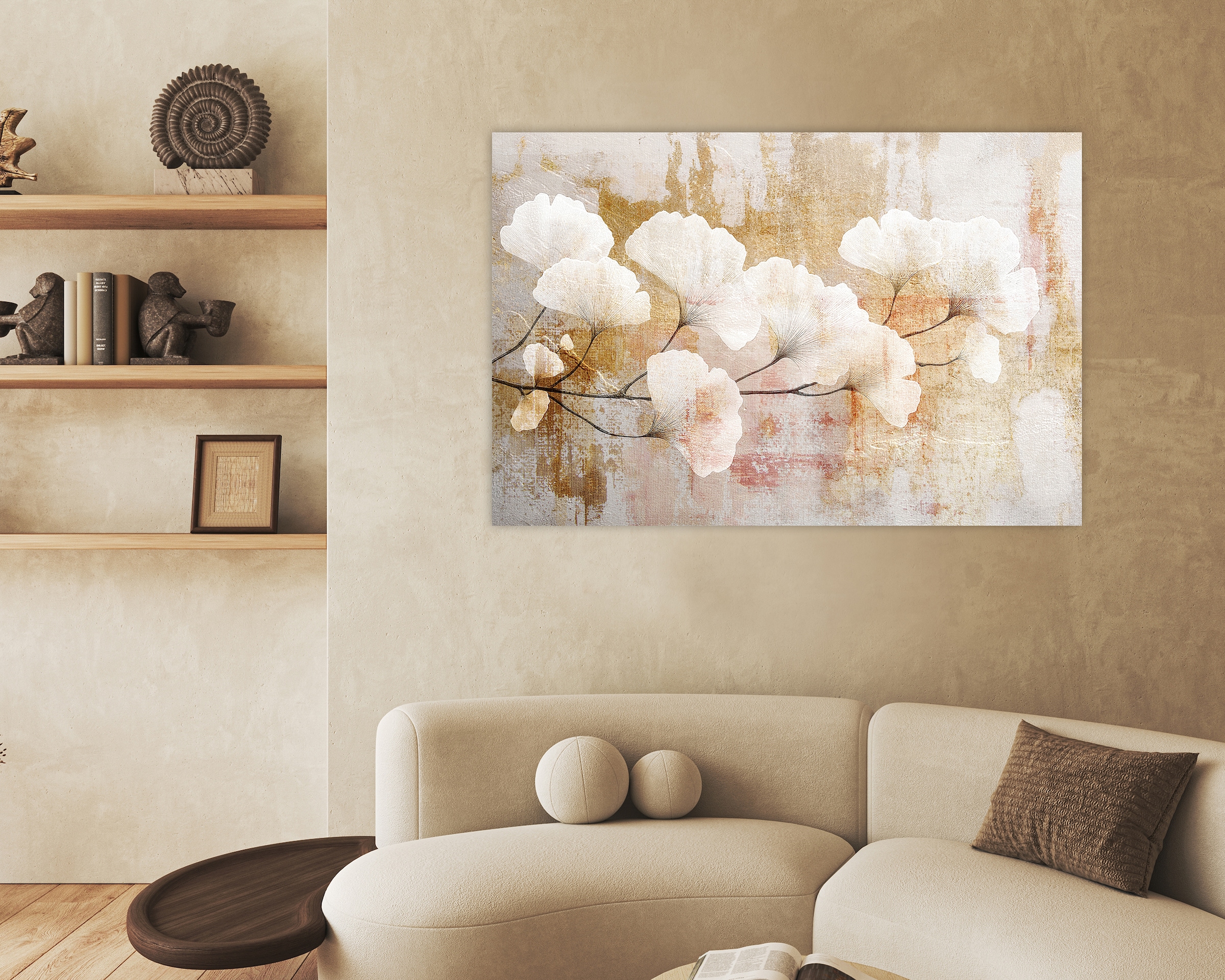 queence Leinwandbild »Gingkoblätter am Ast, Canvas Bild von Hand bespannt« 1 Stk. tlg. Zeitlose Ginkgo-Motive in hellen Farben