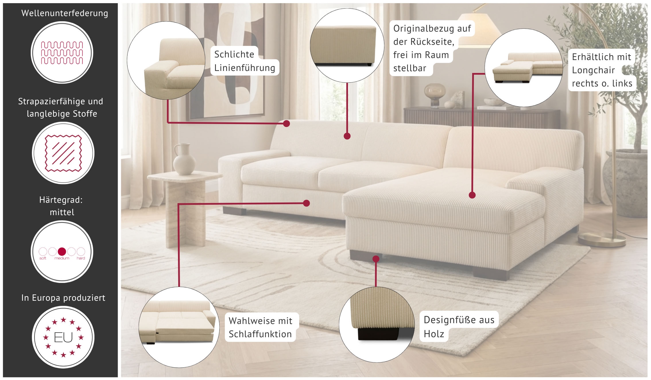 OTTO home Ecksofa »Faxe 268 x 153 cm, auch mit Schlaffunktion« L-Form, aus pflegeleichtem, weichem Luxus-Microfaser Bezug