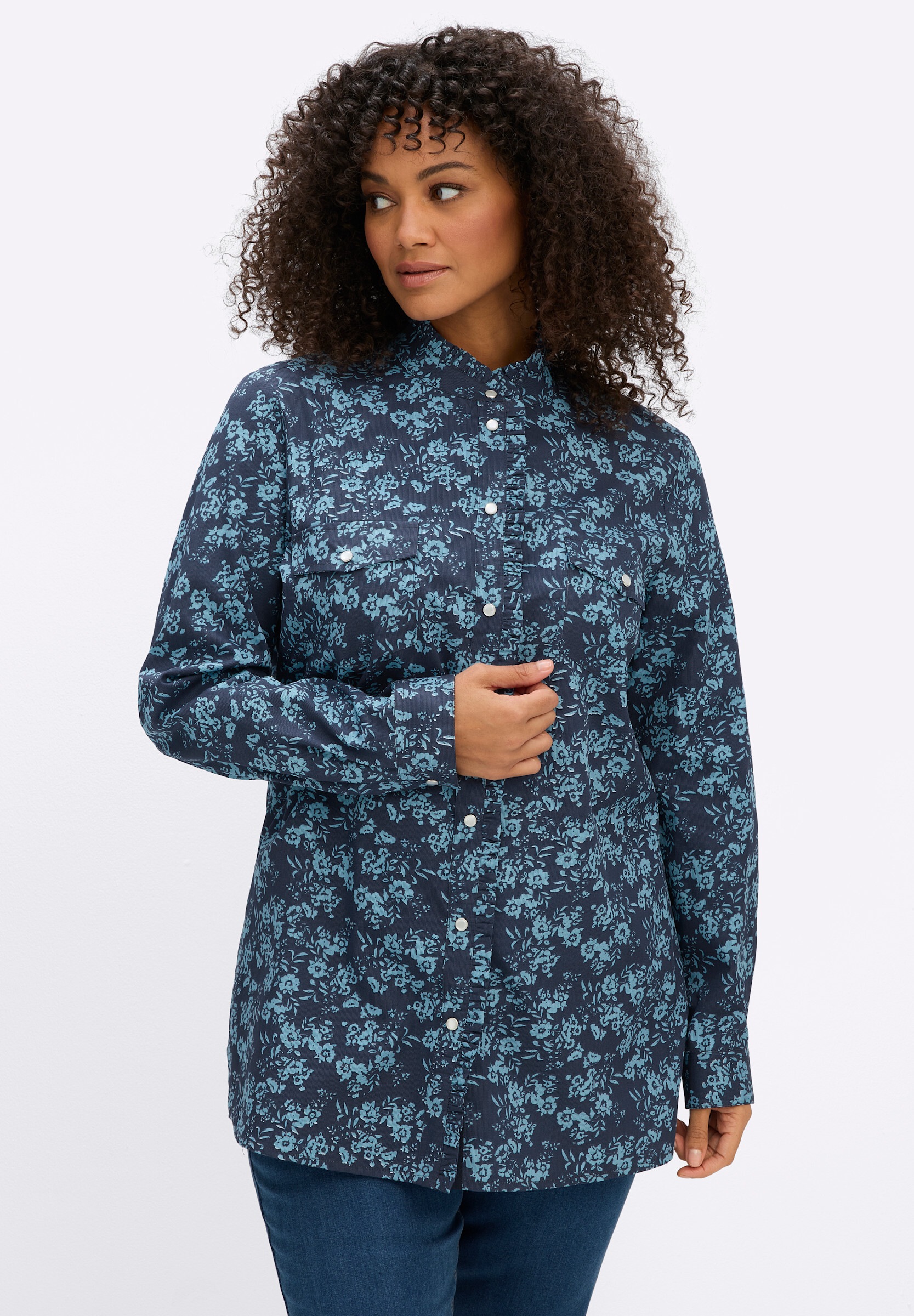sheego by Joe Browns Hemdbluse »Cord-Bluse Druckbluse aus Cord, mit Rüschen-Details«