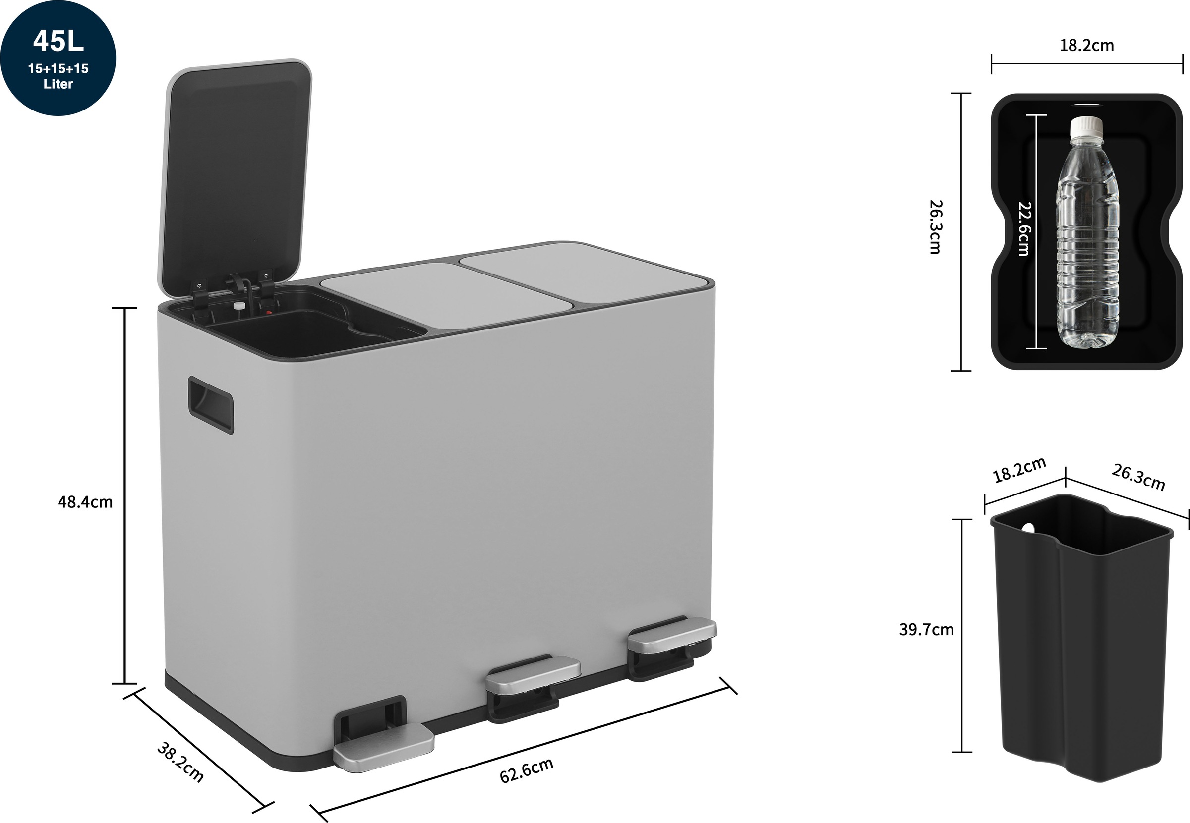 OTTO home Mülleimer »Garrin, Soft Close, Fassungsvermögen 3x 15 Liter« 3 Behälter Mülltrennsystem mit 3 separaten Innenbehältern und Fußtrittpedalen