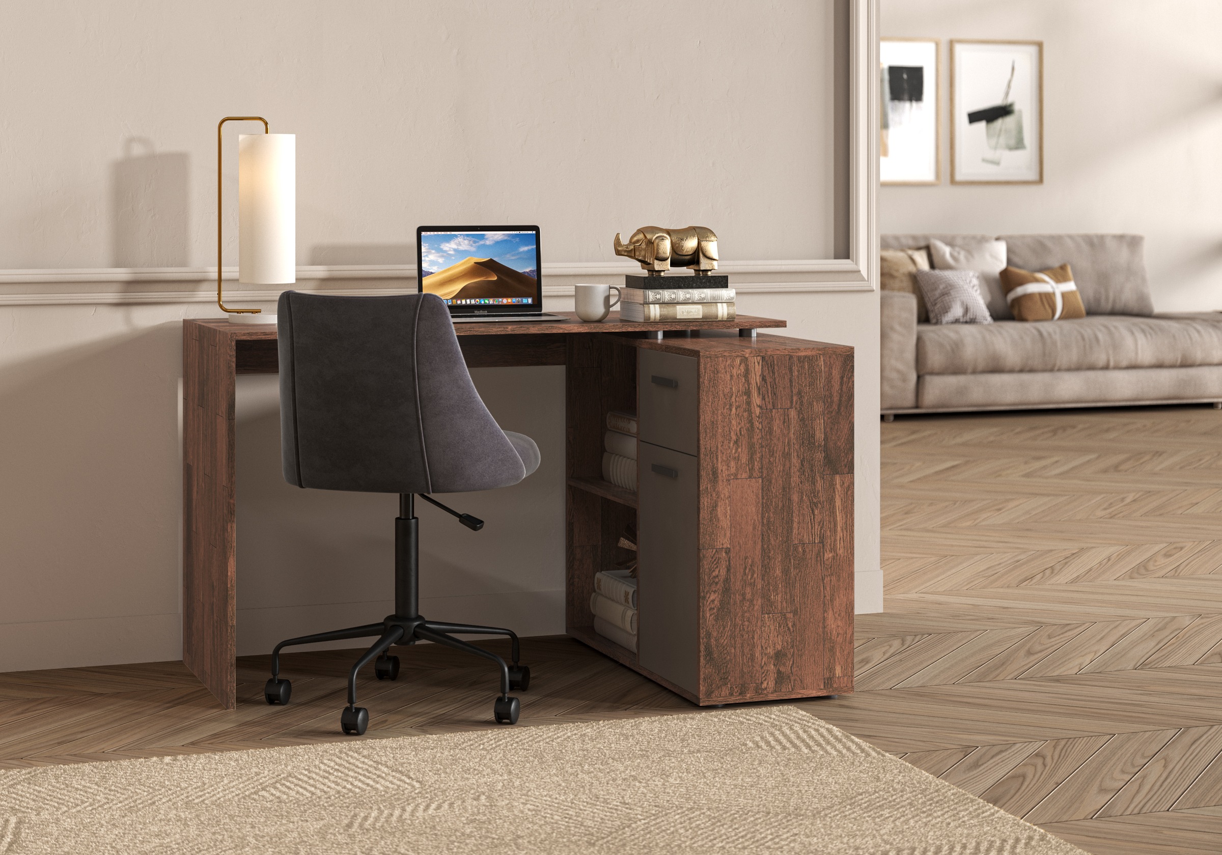 FMD Eckschreibtisch »AUGSBURG«, Schreibtisch/Sideboard m. Stauraum, beidseitig montierb., 117/148 cm
