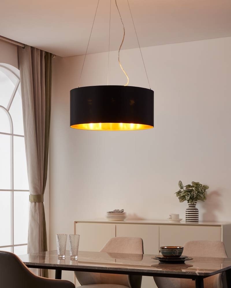 EGLO Hängeleuchte »MASERLO Hängelampe, schwarz, gold, silber, Stoff, elegant, modern«, 3 flammig, Leuchtmittel E27 | Leuchtmittel wechselbar-ohne Leuchtmittel, Pendelleuchte, Pendellampe, Wohnzimmer, Esszimmer, gemütlich, 110x53cm